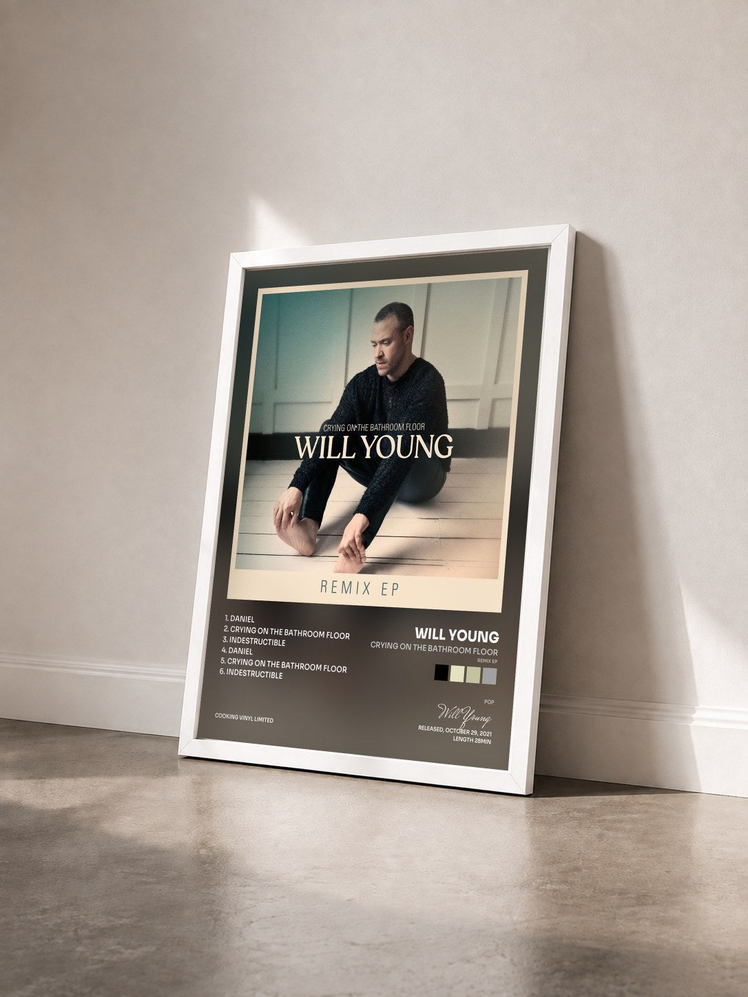 #blanc Tableau de l'album Crying on the Bathroom Floor (Remix EP) de Will Young vu de trois quarts, cadre blanc