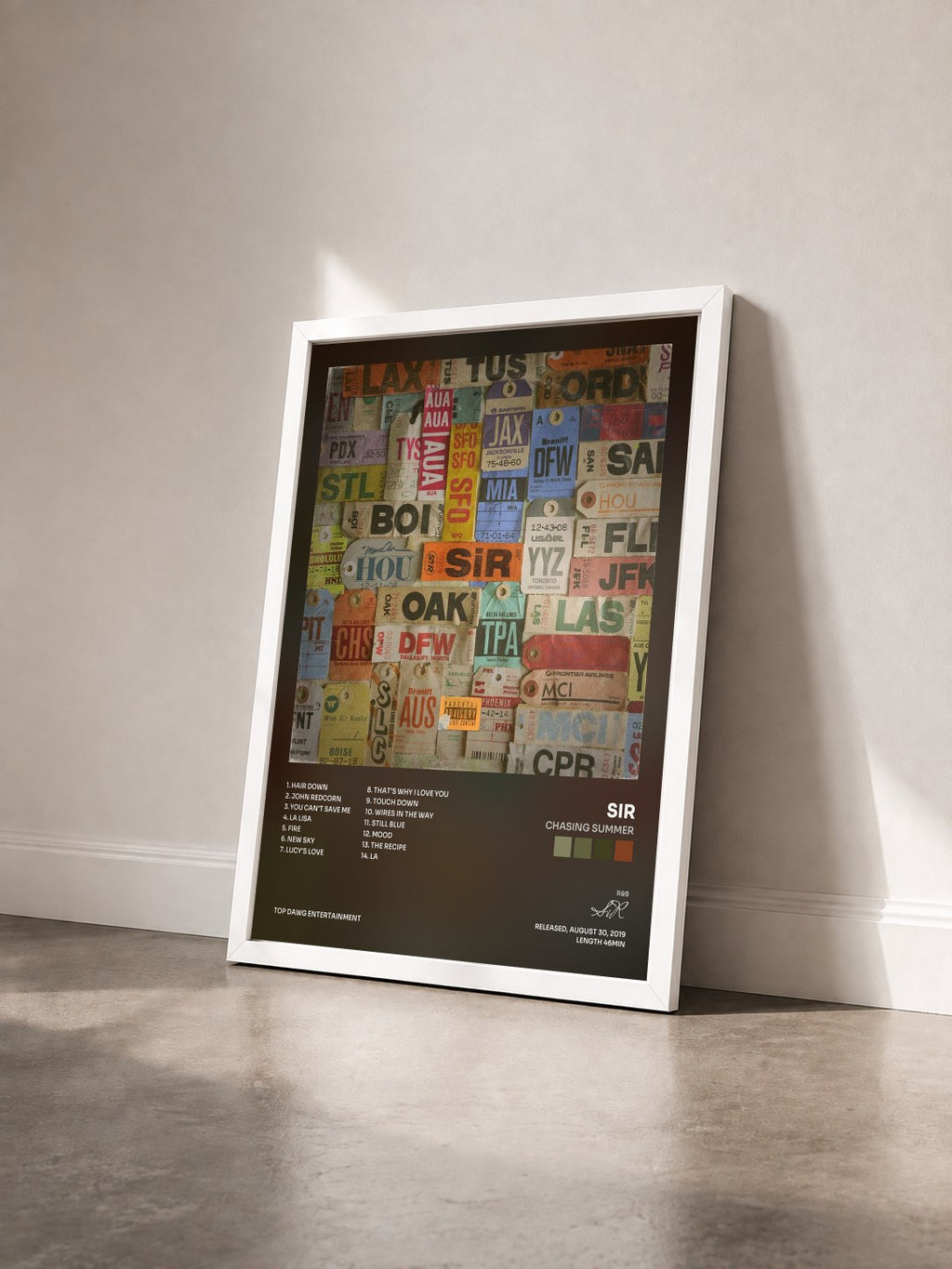#blanc Chasing Summer by SiR as a framed art print seen at an angle, white frame