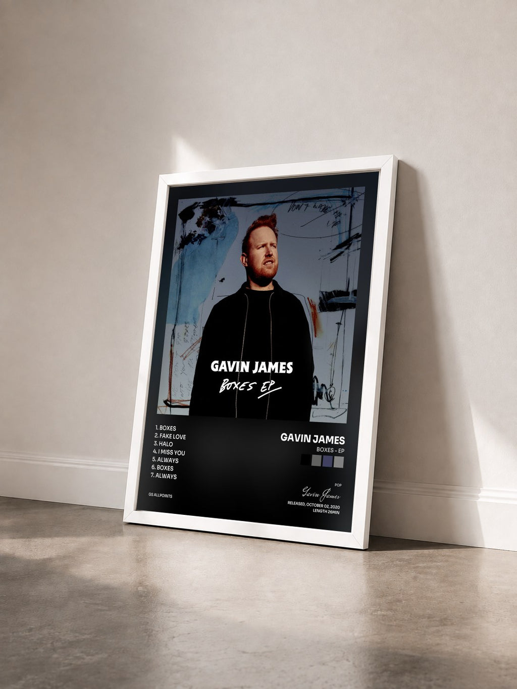 #blanc Tableau de l'album Boxes - EP de Gavin James vu de trois quarts, cadre blanc