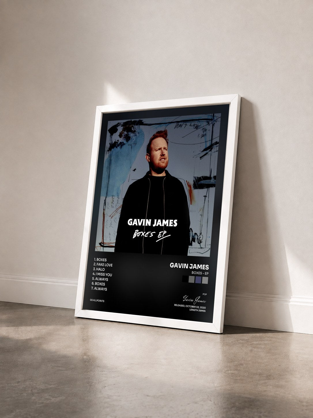 #blanc Tableau de l'album Boxes - EP de Gavin James vu de trois quarts, cadre blanc