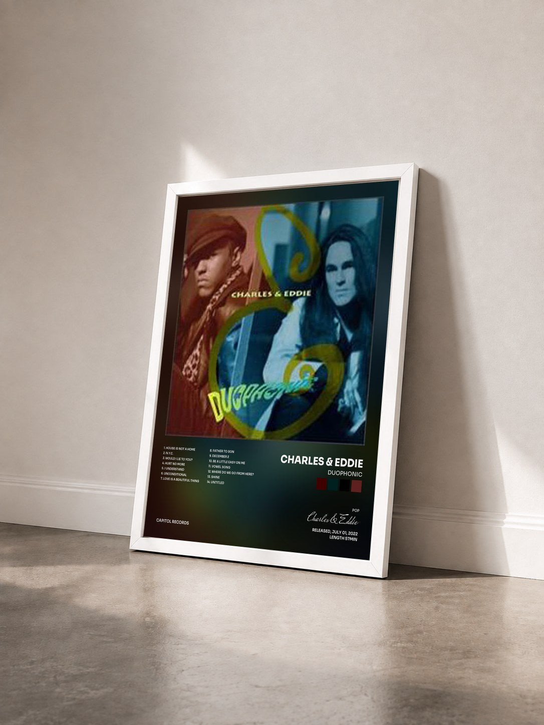 #blanc Tableau de l'album Duophonic de Charles & Eddie vu de trois quarts, cadre blanc