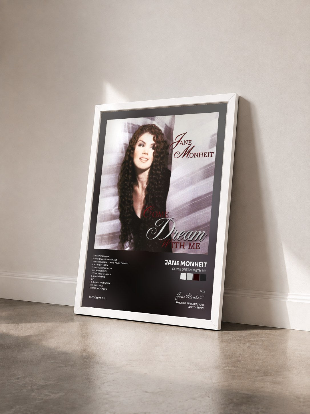#blanc Tableau de l'album Come Dream with Me de Jane Monheit vu de trois quarts, cadre blanc