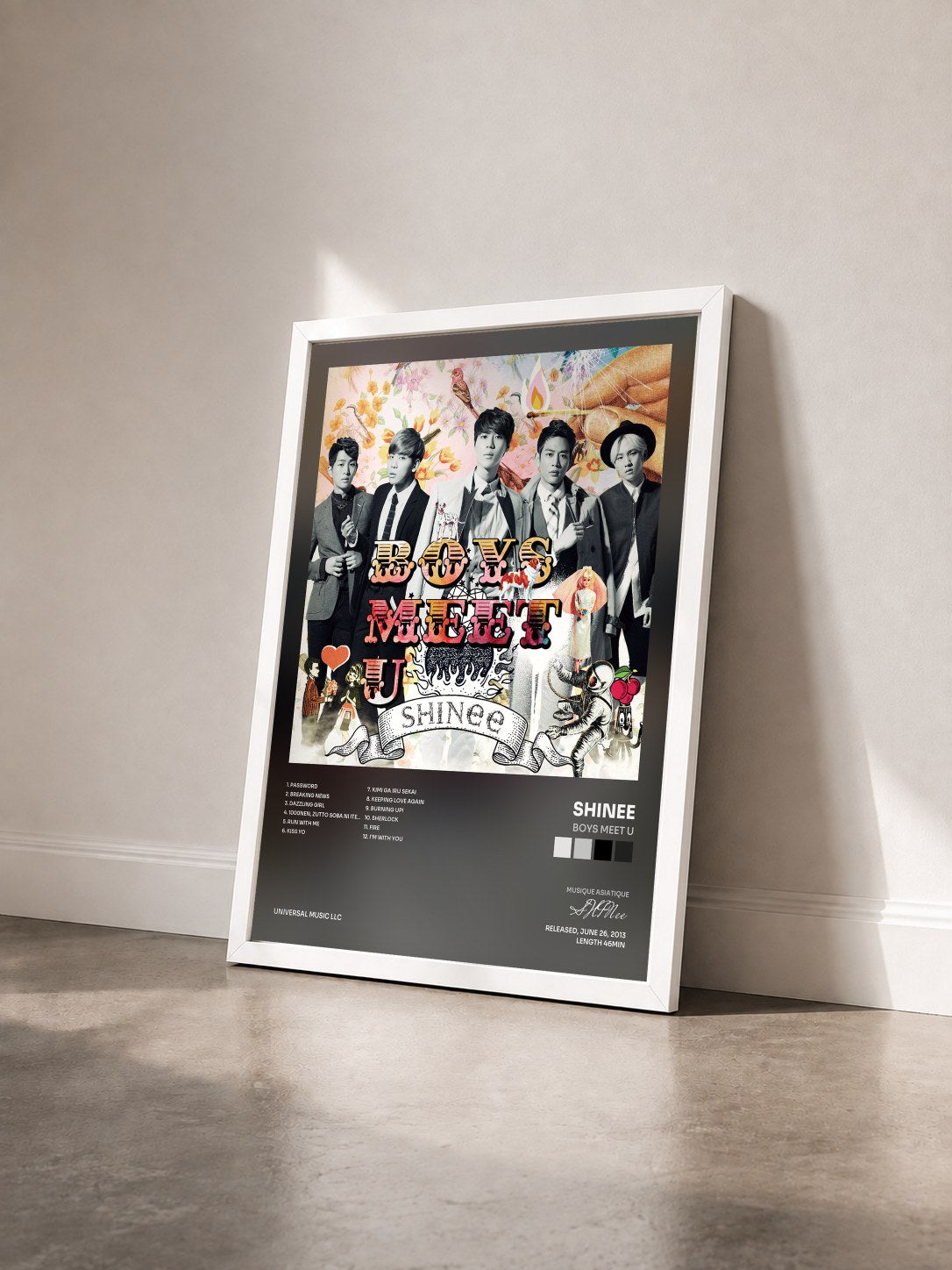#blanc Tableau de l'album Boys Meet U de SHINee vu de trois quarts, cadre blanc
