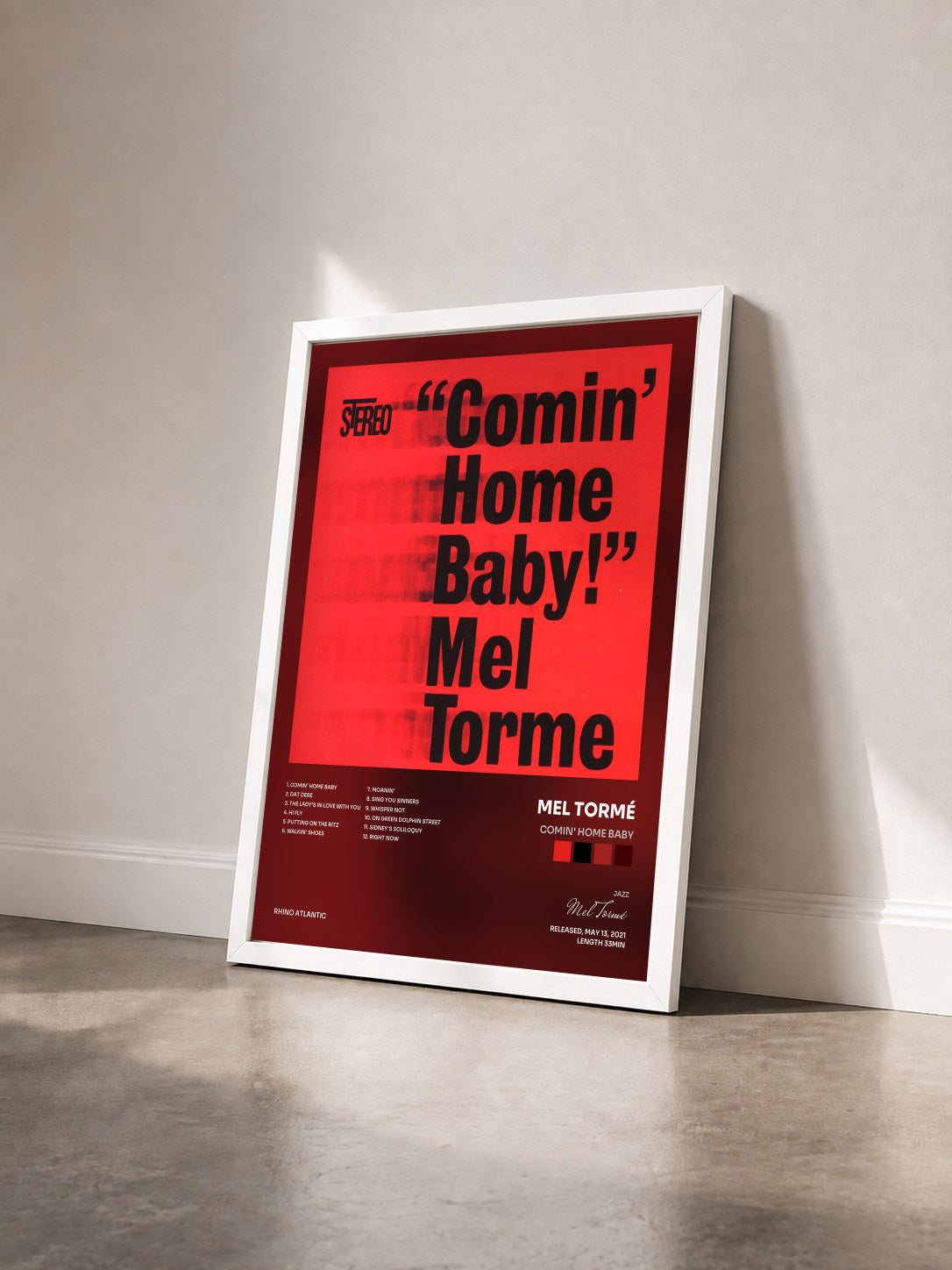 #blanc Tableau de l'album Comin' Home Baby de Mel Tormé vu de trois quarts, cadre blanc