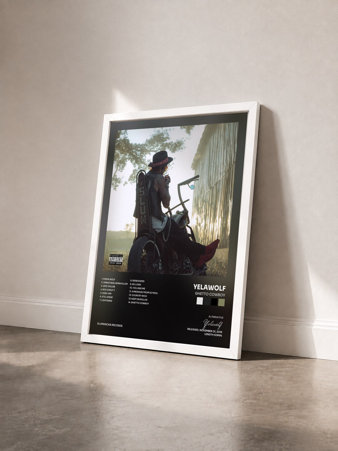 #blanc Tableau de l'album Ghetto Cowboy de Yelawolf vu de trois quarts, cadre blanc