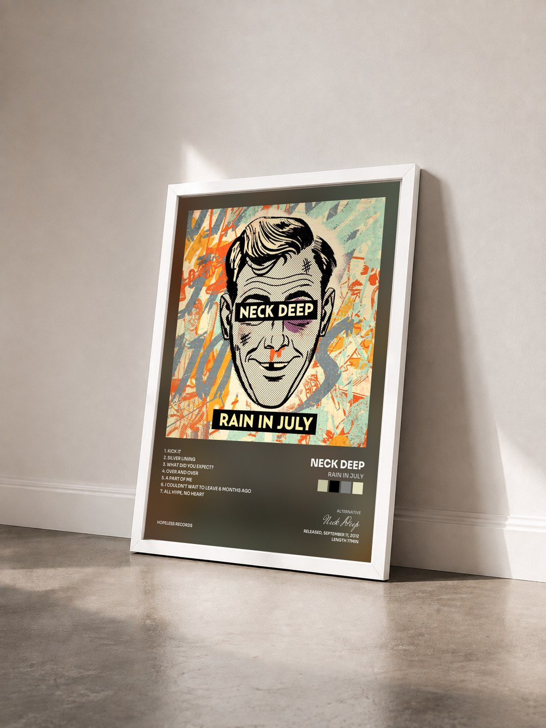 #blanc Tableau de l'album Rain In July de Neck Deep vu de trois quarts, cadre blanc