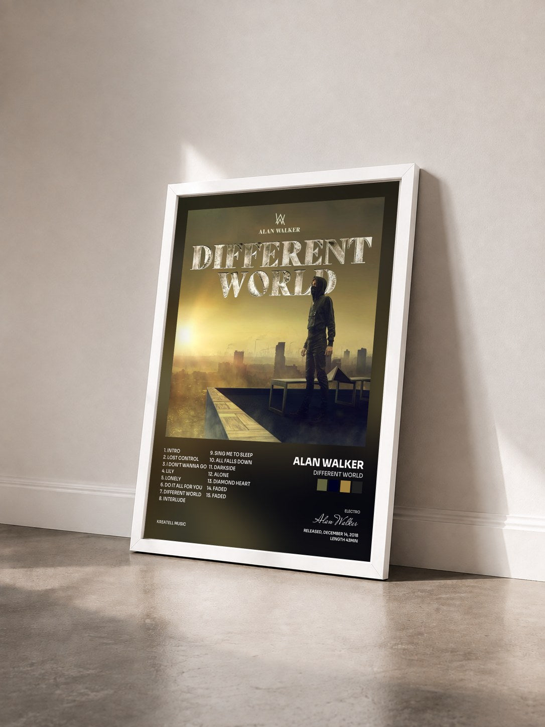 #blanc Tableau de l'album Different World de Alan Walker vu de trois quarts, cadre blanc