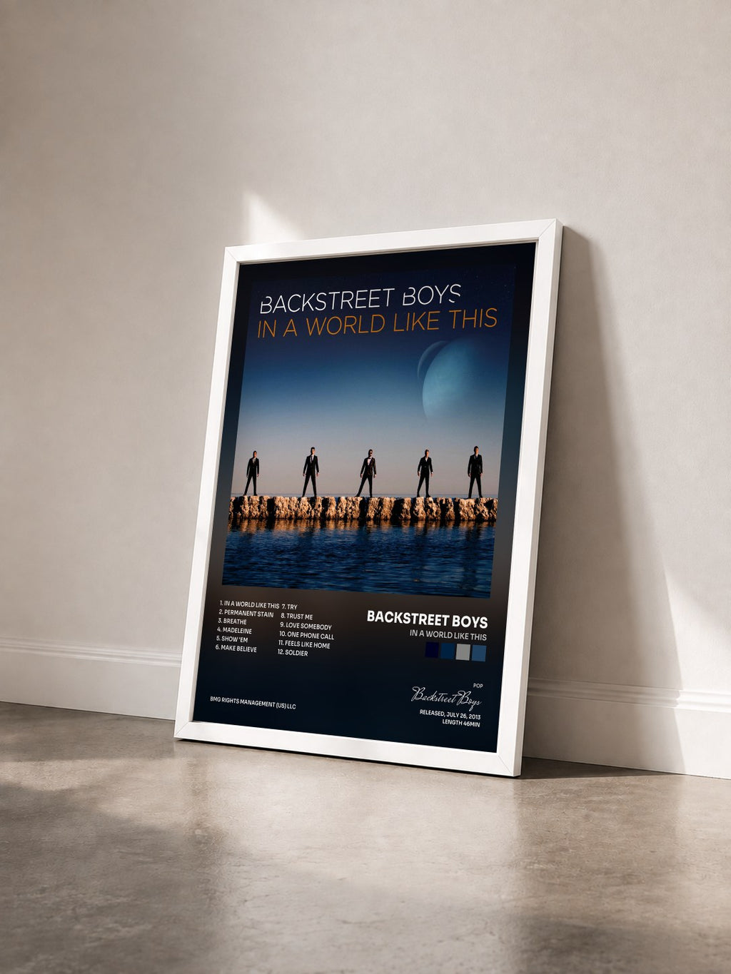 #blanc Tableau de l'album In a World Like This de Backstreet Boys vu de trois quarts, cadre blanc