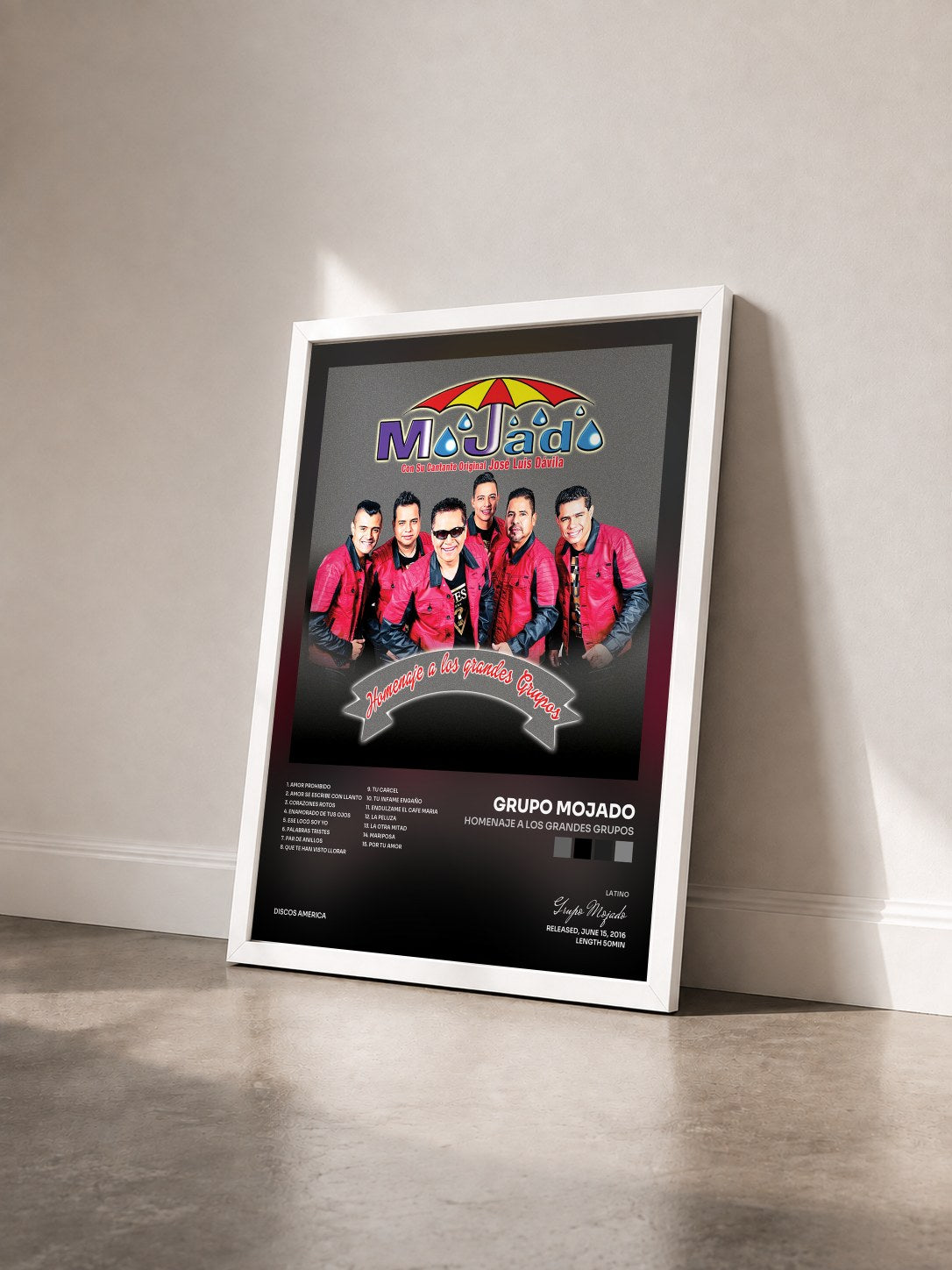 #blanc Tableau de l'album Homenaje a los Grandes Grupos de Grupo Mojado vu de trois quarts, cadre blanc