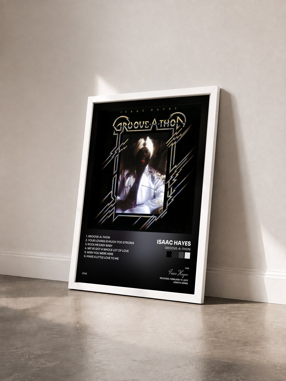 #blanc Tableau de l'album Groove-A-Thon de Isaac Hayes vu de trois quarts, cadre blanc