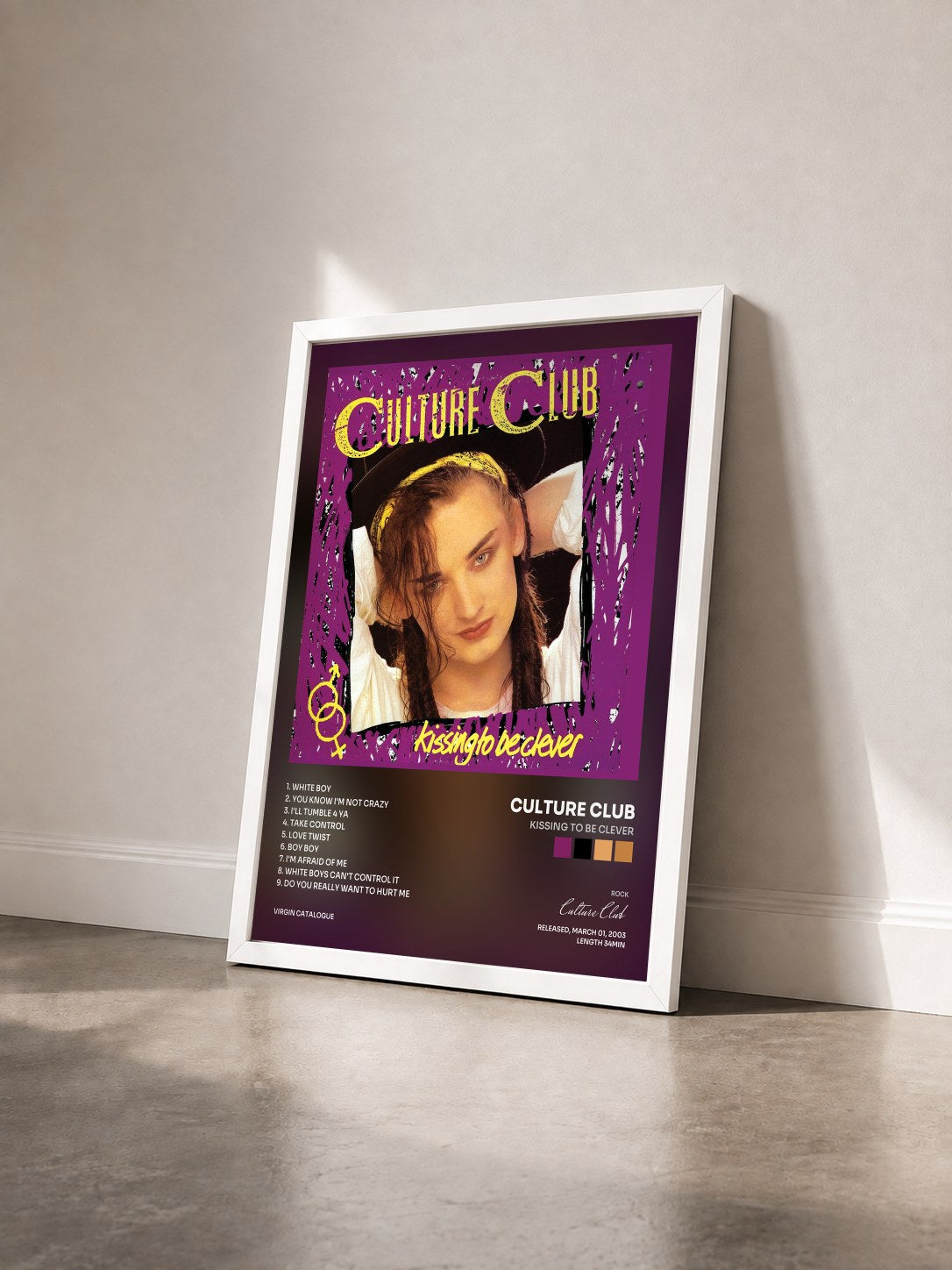 #blanc Tableau de l'album Kissing To Be Clever de Culture Club vu de trois quarts, cadre blanc