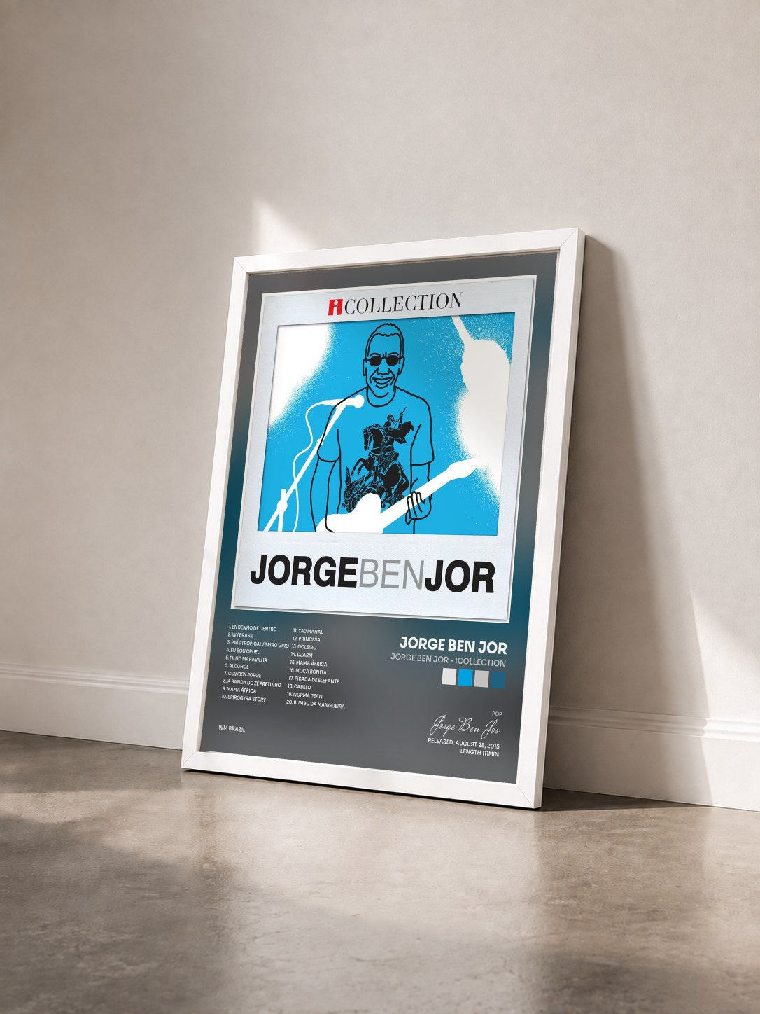#blanc Tableau de l'album Jorge Ben Jor - iCollection de Jorge Ben Jor vu de trois quarts, cadre blanc
