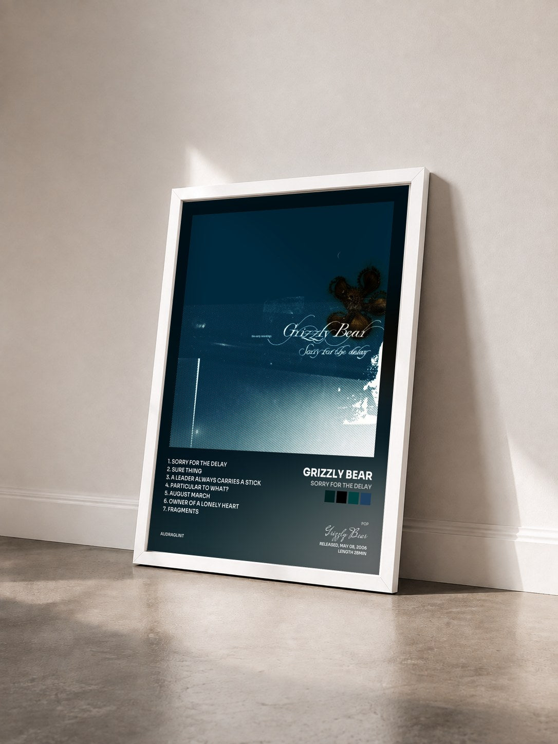 #blanc Tableau de l'album Sorry for the Delay de Grizzly Bear vu de trois quarts, cadre blanc