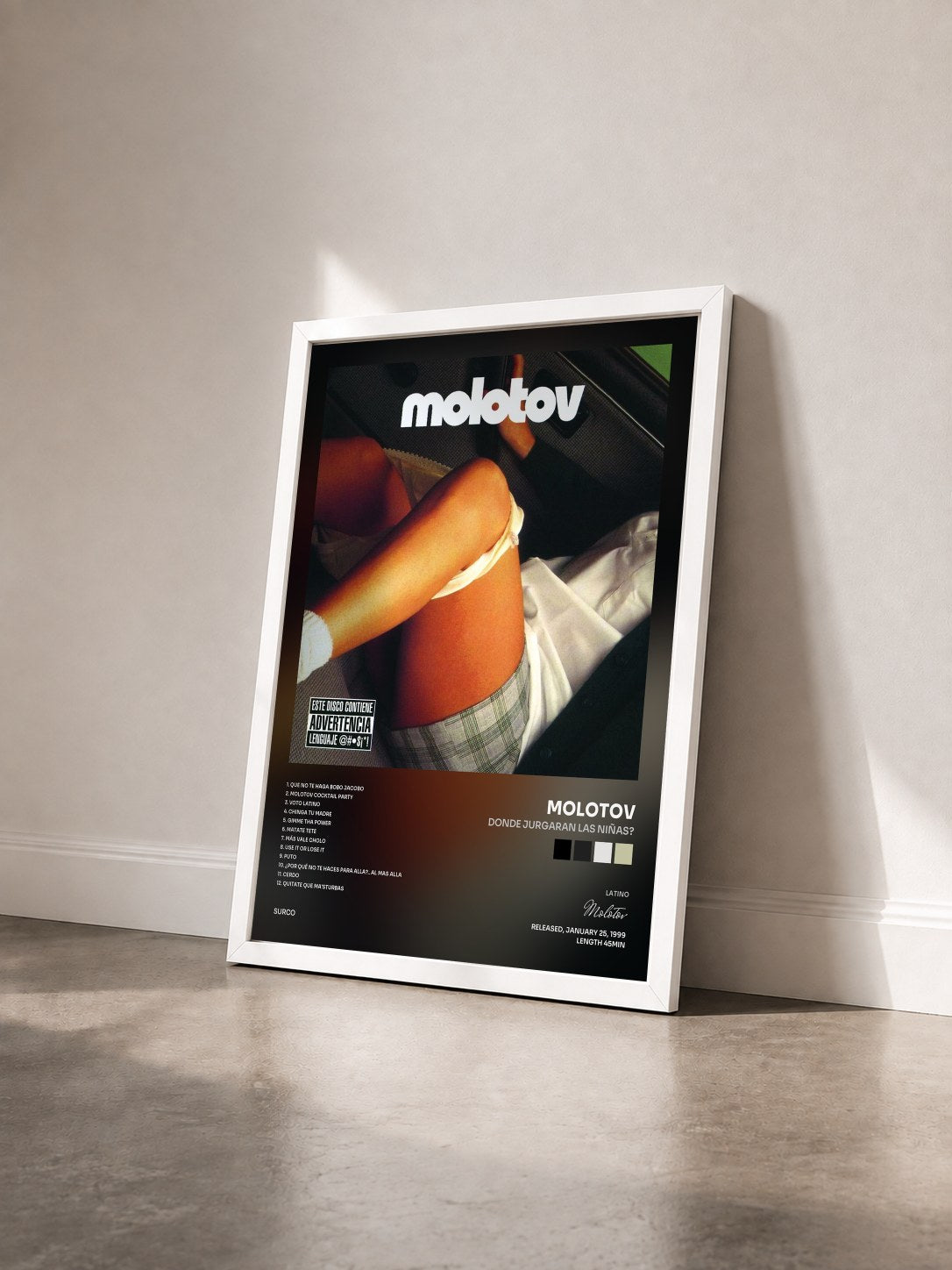 #blanc Tableau de l'album Donde Jurgaran Las Niñas? de Molotov vu de trois quarts, cadre blanc