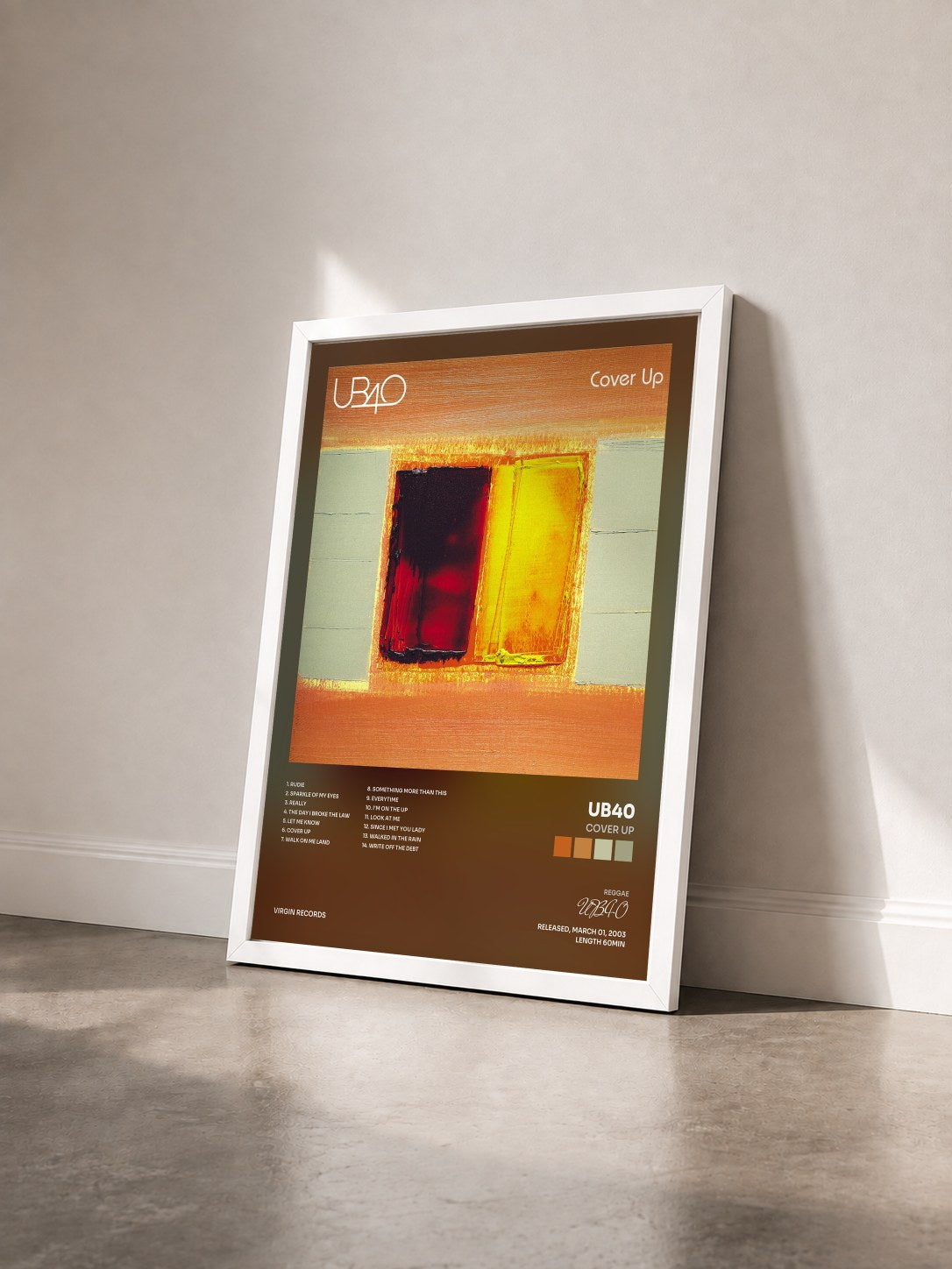 #blanc Tableau de l'album Cover Up de UB40 vu de trois quarts, cadre blanc