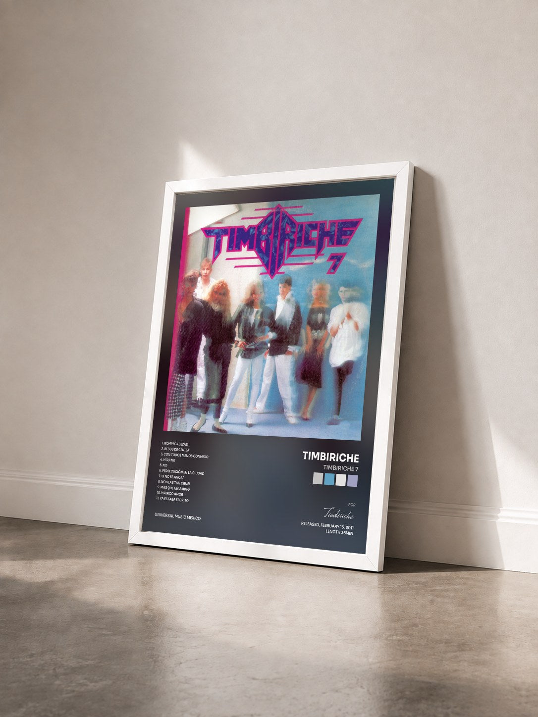 #blanc Tableau de l'album Timbiriche 7 de Timbiriche vu de trois quarts, cadre blanc