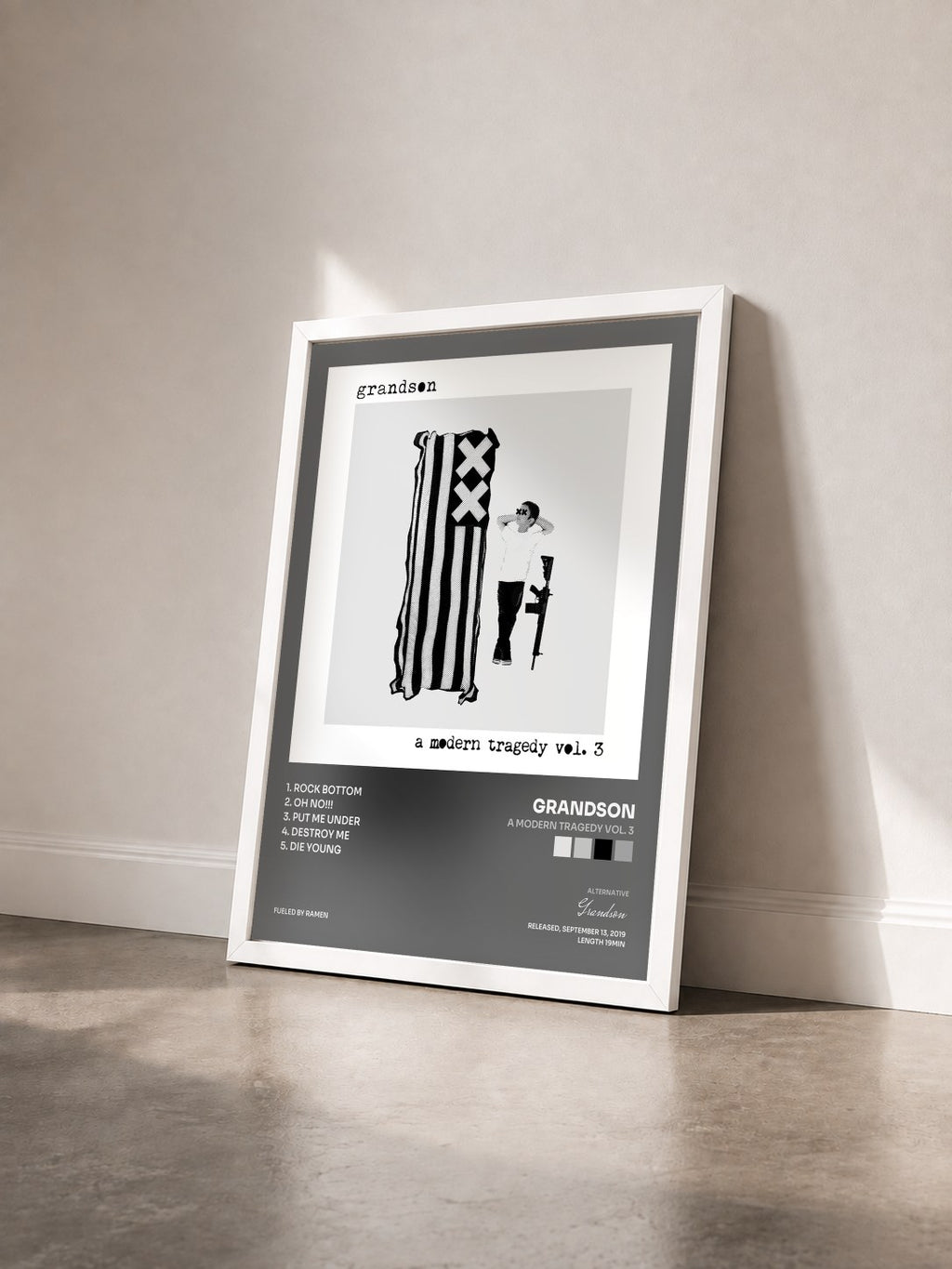 #blanc Tableau de l'album a modern tragedy vol. 3 de Grandson vu de trois quarts, cadre blanc