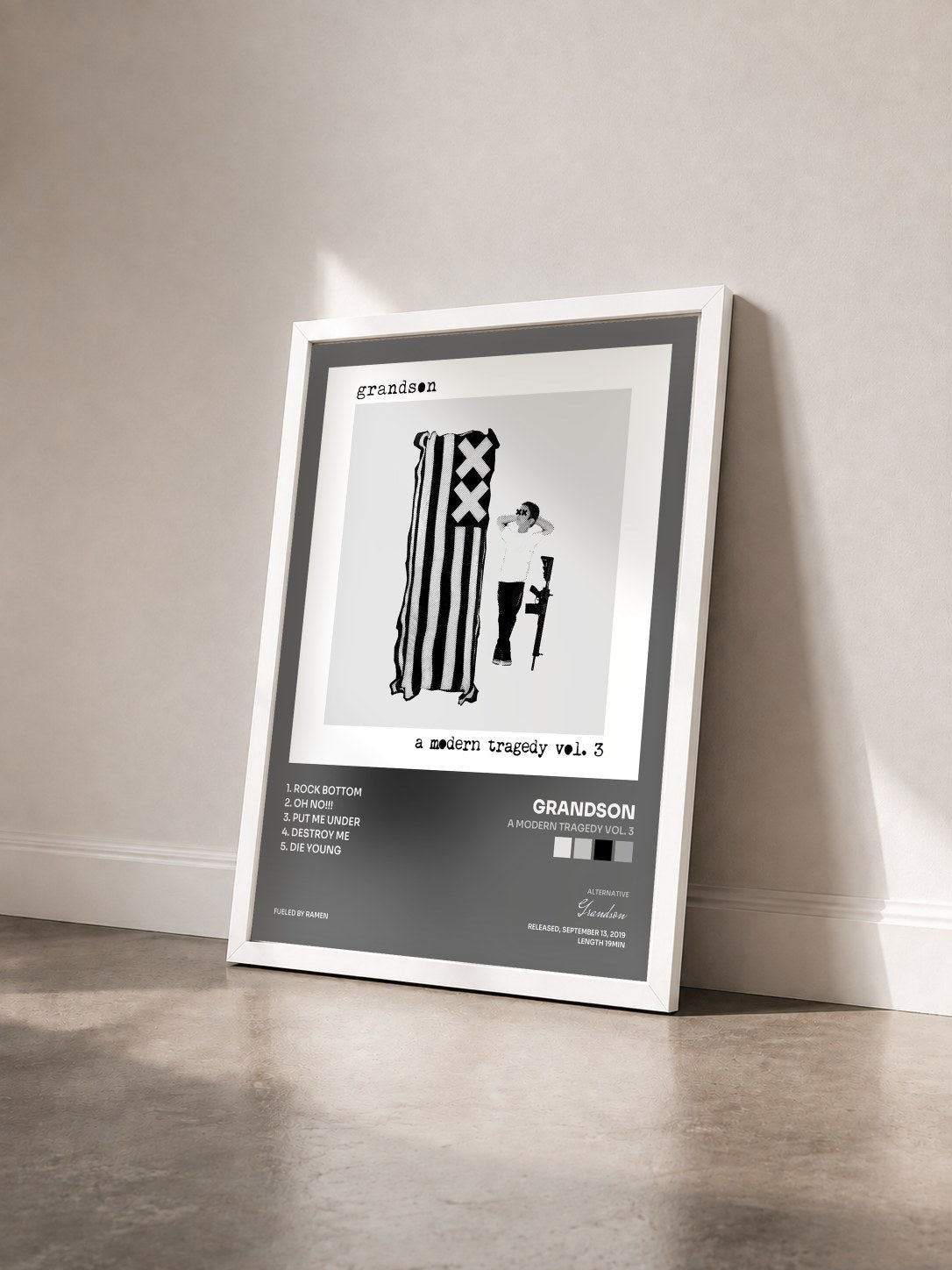 #blanc Tableau de l'album a modern tragedy vol. 3 de Grandson vu de trois quarts, cadre blanc