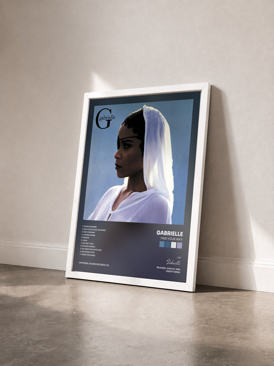 #blanc Tableau de l'album Find Your Way de Gabrielle vu de trois quarts, cadre blanc