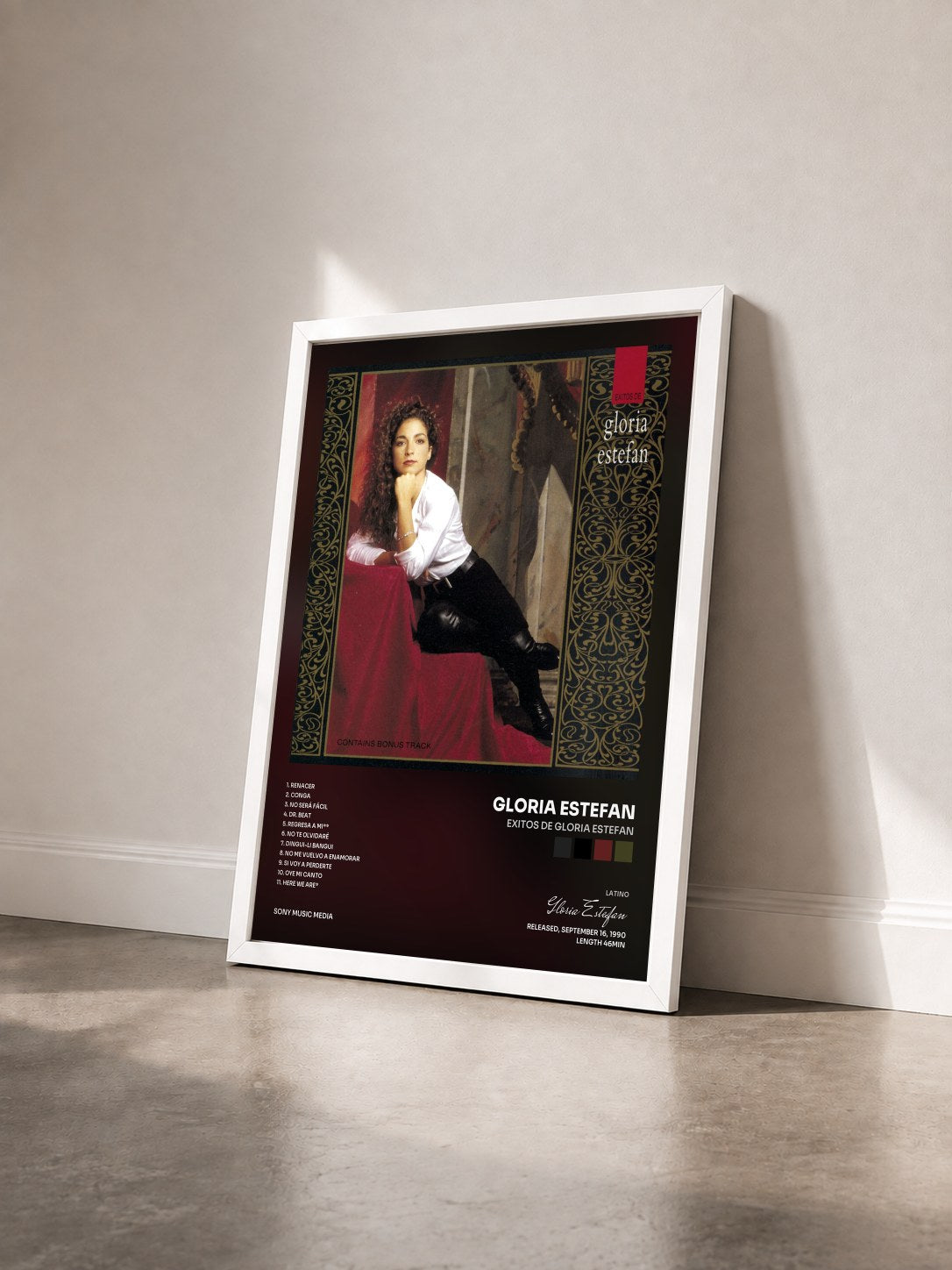 #blanc Tableau de l'album Exitos de gloria estefan de Gloria Estefan vu de trois quarts, cadre blanc