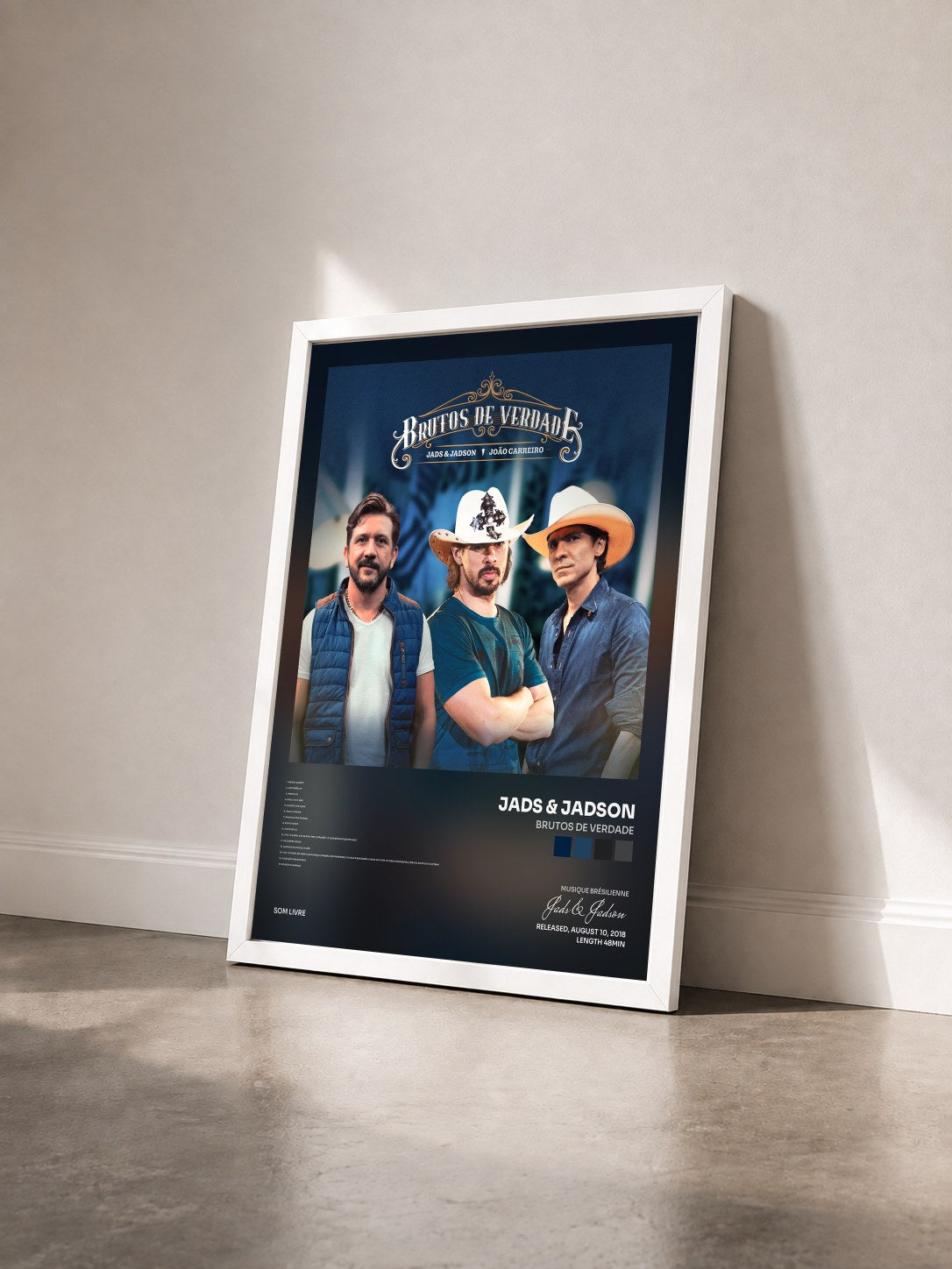 #blanc Tableau de l'album Brutos de Verdade de Jads & Jadson vu de trois quarts, cadre blanc