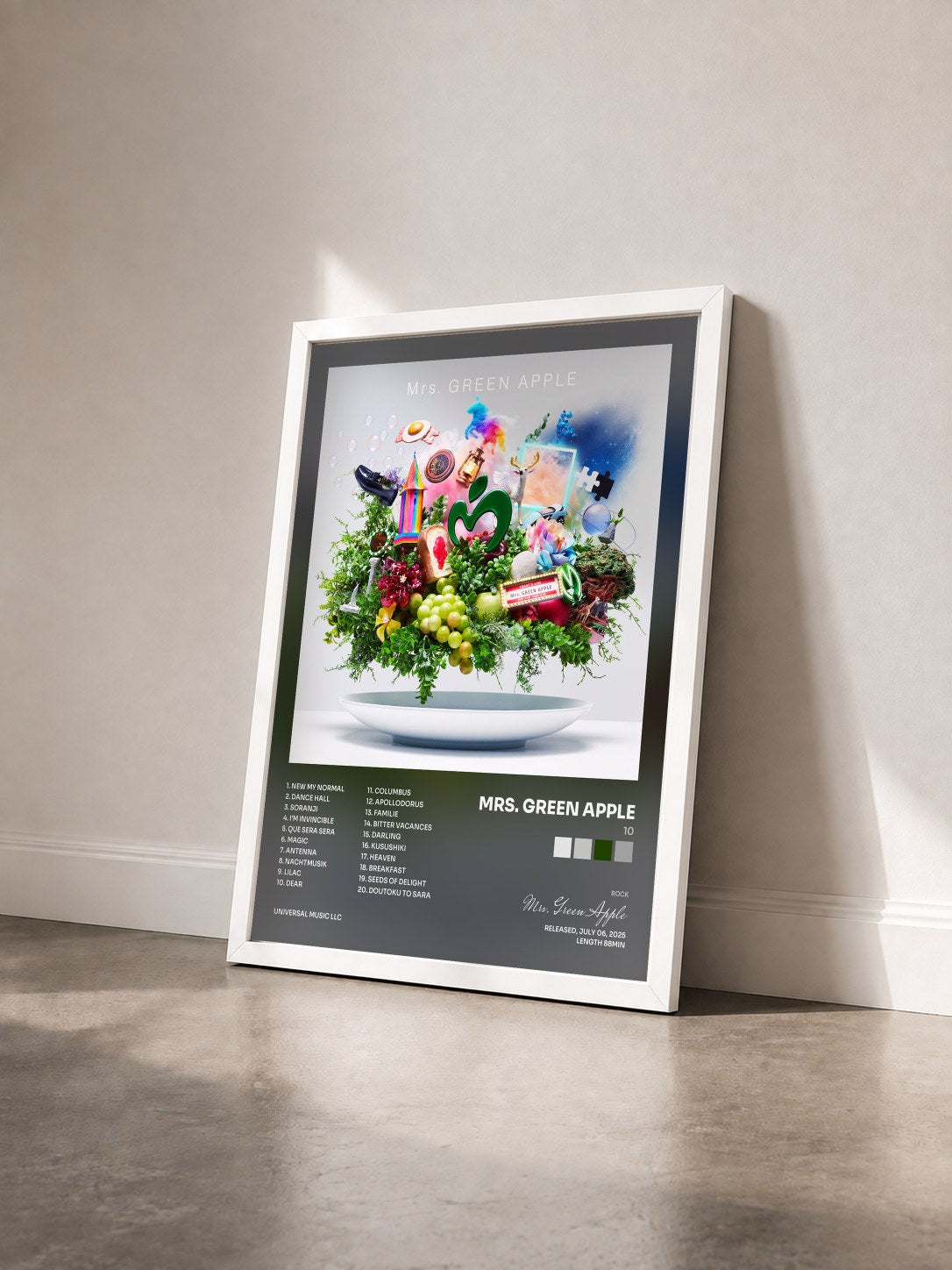 #blanc Tableau de l'album 10 de Mrs. Green Apple vu de trois quarts, cadre blanc