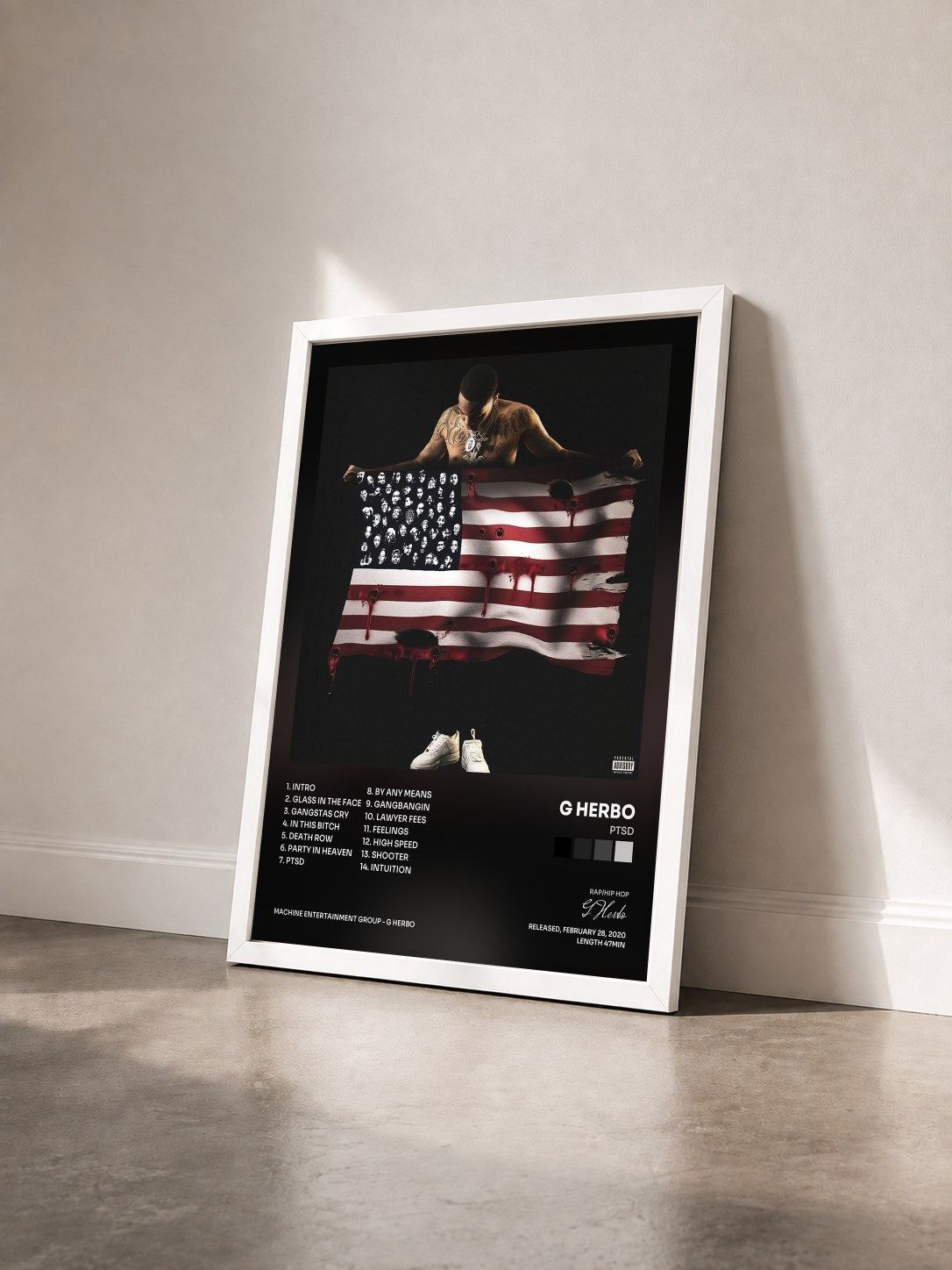 #blanc Tableau de l'album PTSD de G Herbo vu de trois quarts, cadre blanc