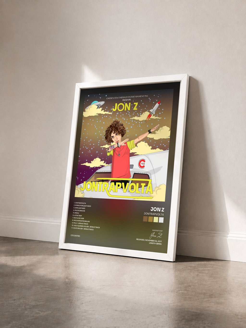 #blanc Tableau de l'album JonTrapVolta de Jon Z vu de trois quarts, cadre blanc
