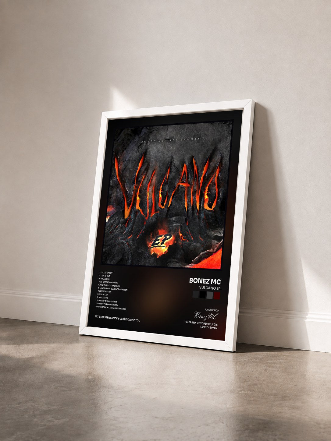 #blanc Tableau de l'album Vulcano EP de Bonez MC vu de trois quarts, cadre blanc