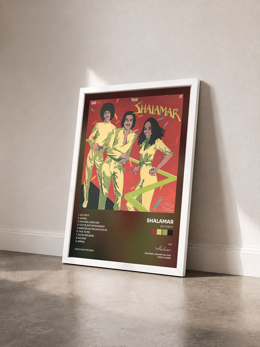 #blanc Tableau de l'album Go for It de Shalamar vu de trois quarts, cadre blanc