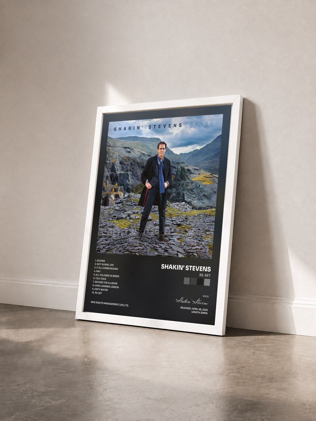 #blanc Tableau de l'album Re-Set de Shakin' Stevens vu de trois quarts, cadre blanc