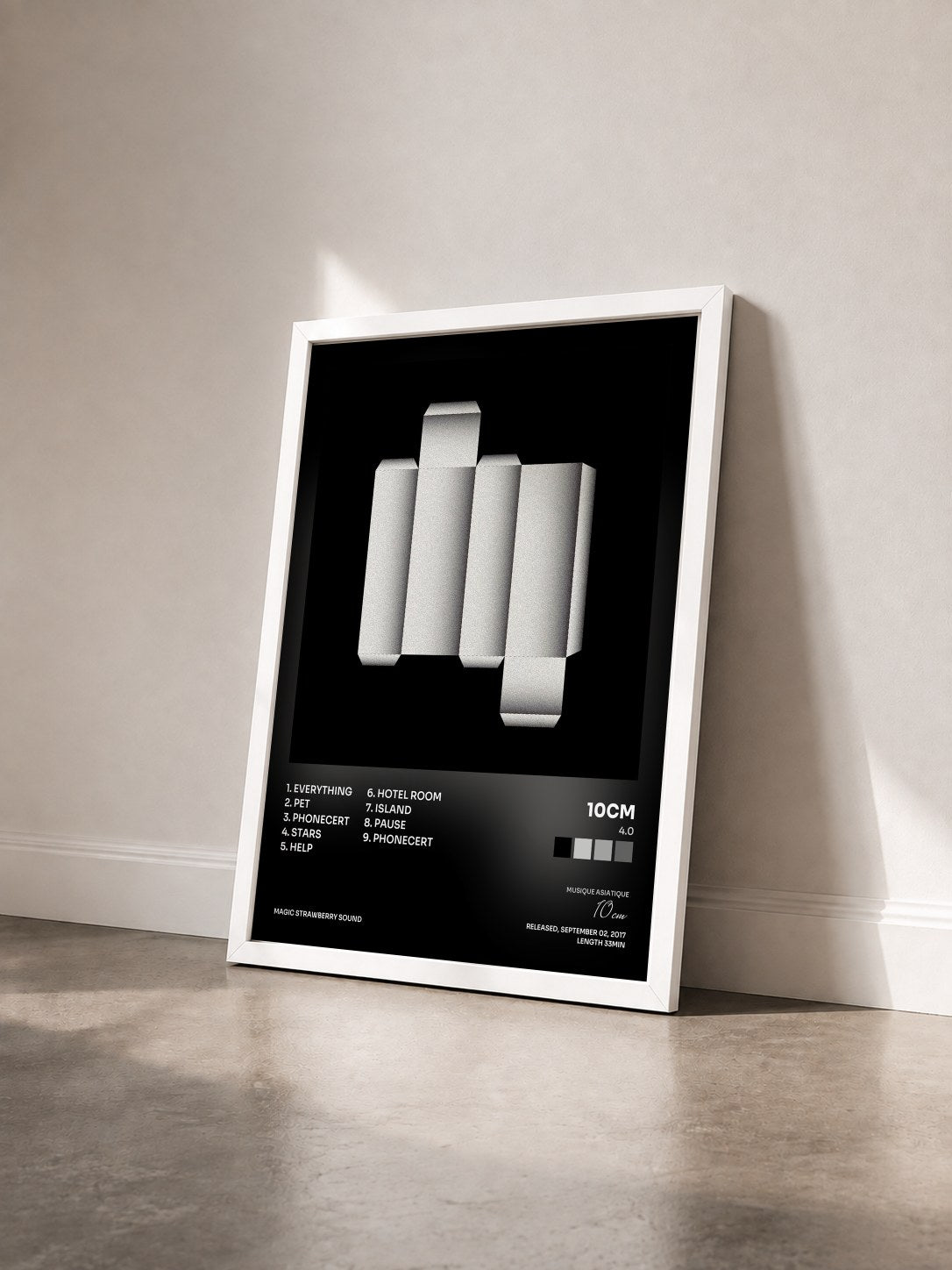 #blanc Tableau de l'album 4.0 de 10cm vu de trois quarts, cadre blanc