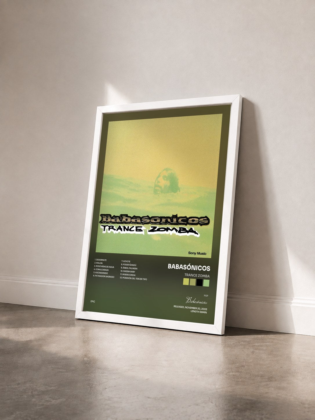 #blanc Tableau de l'album Trance Zomba de Babasónicos vu de trois quarts, cadre blanc