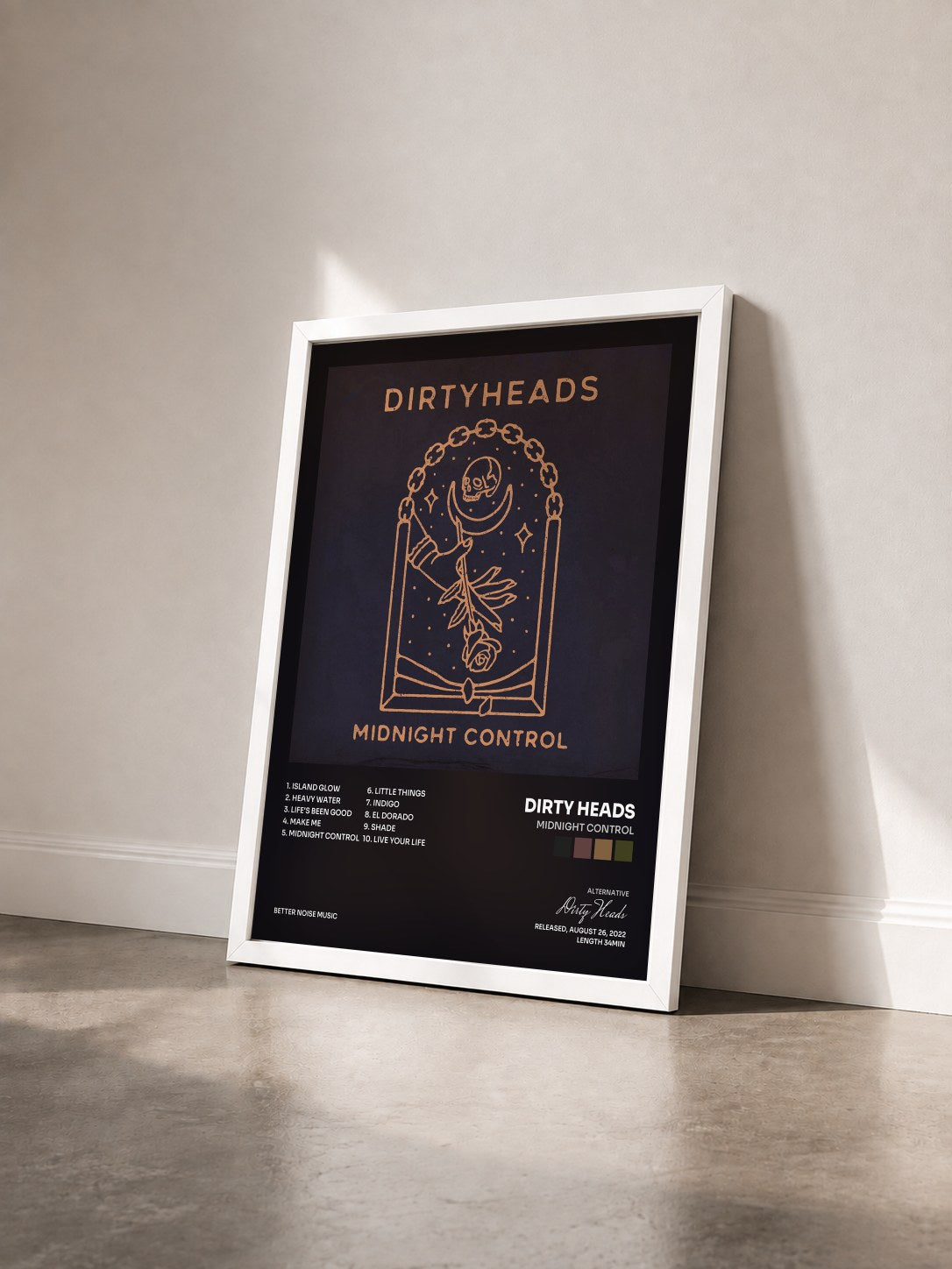 #blanc Tableau de l'album Midnight Control de Dirty Heads vu de trois quarts, cadre blanc