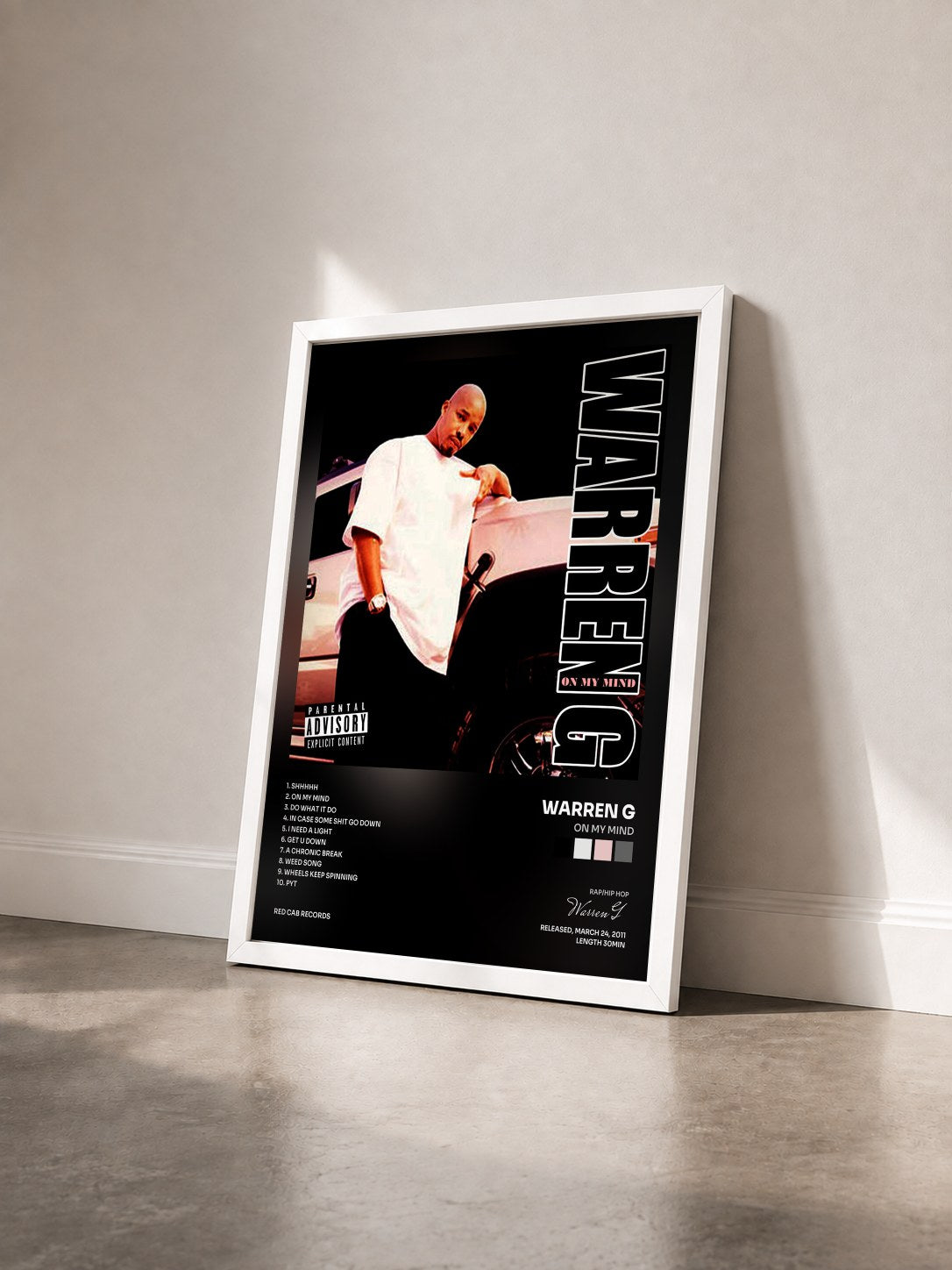 #blanc Tableau de l'album On My Mind de Warren G vu de trois quarts, cadre blanc