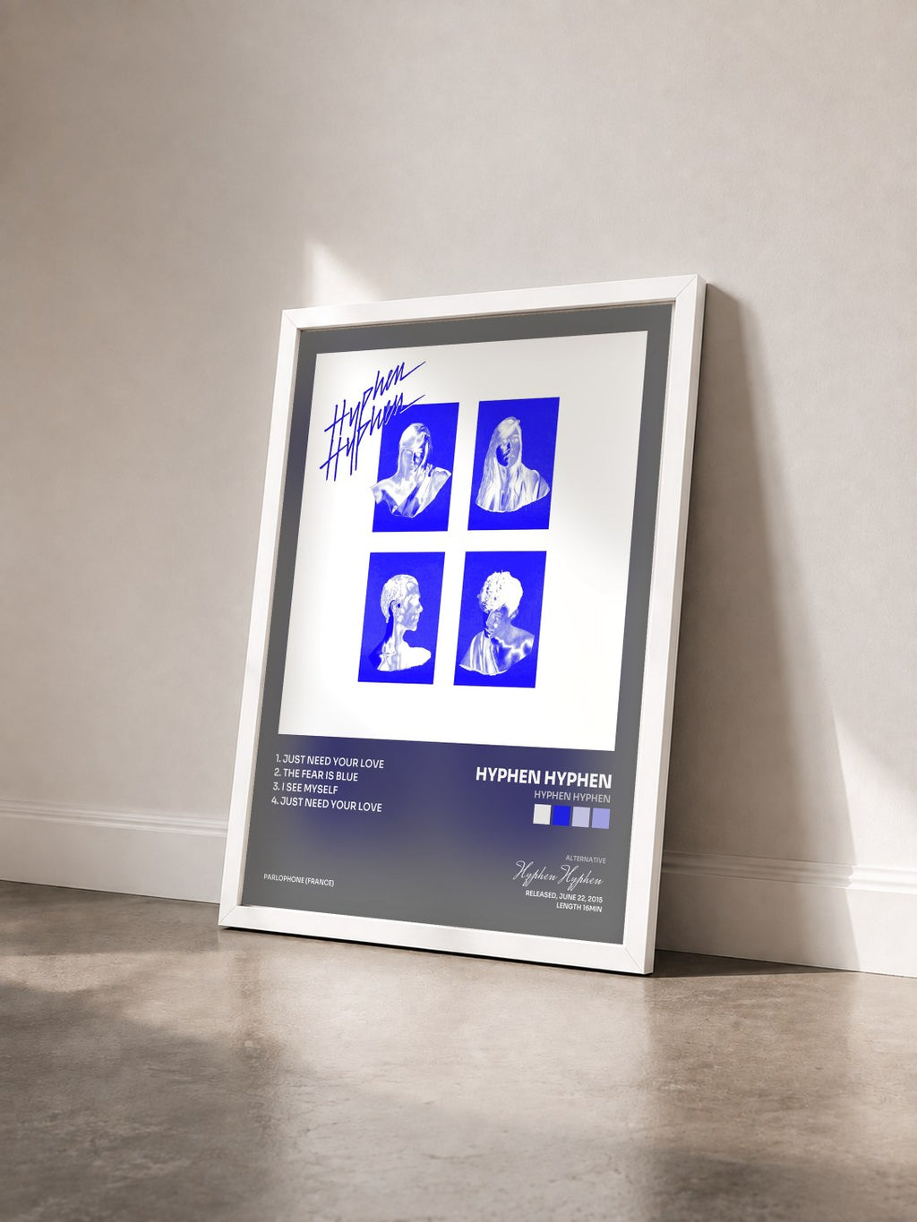 #blanc Hyphen Hyphen by Hyphen Hyphen as a framed art print seen at an angle, white frame
