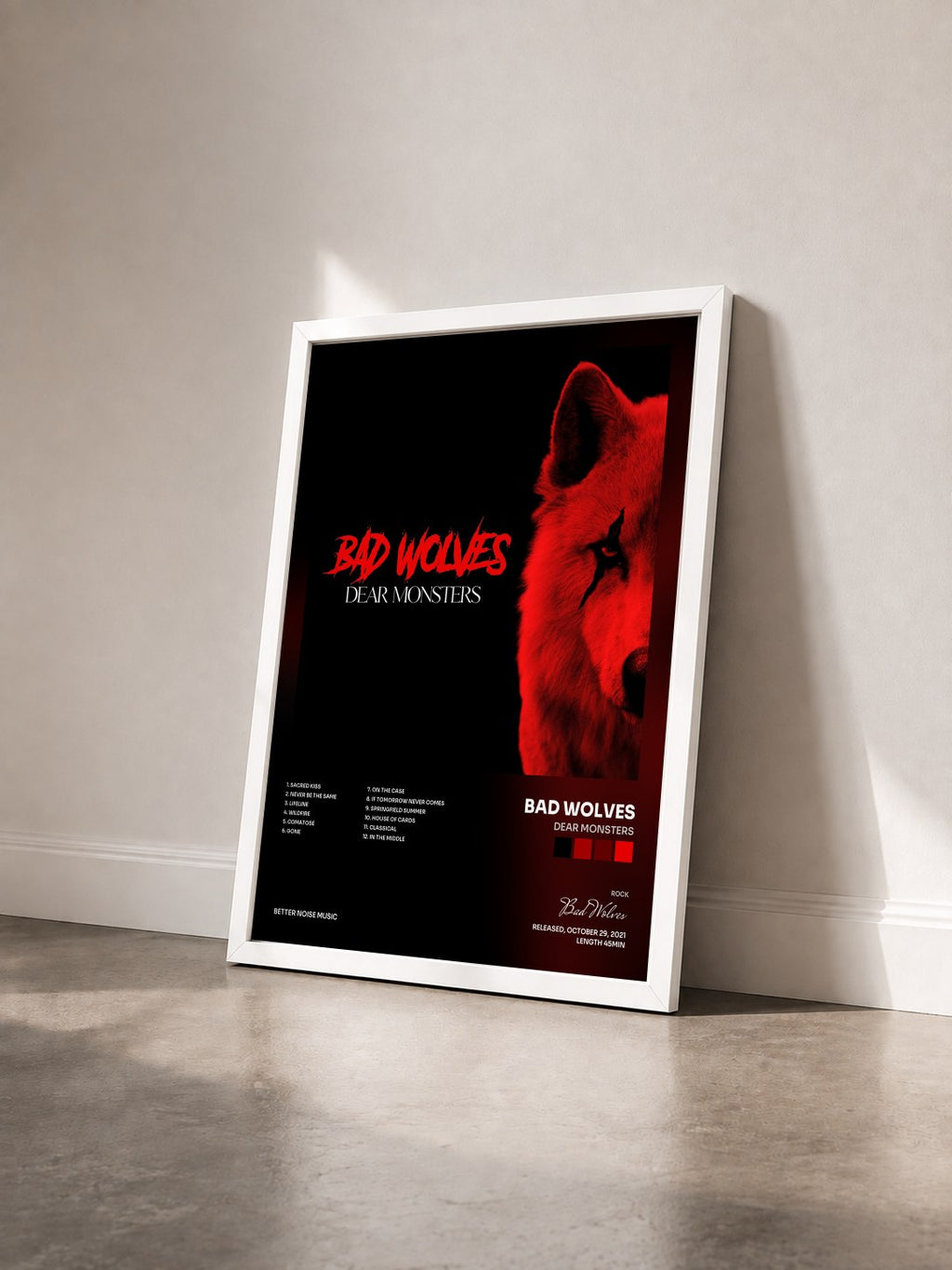 #blanc Tableau de l'album Dear Monsters de Bad Wolves vu de trois quarts, cadre blanc