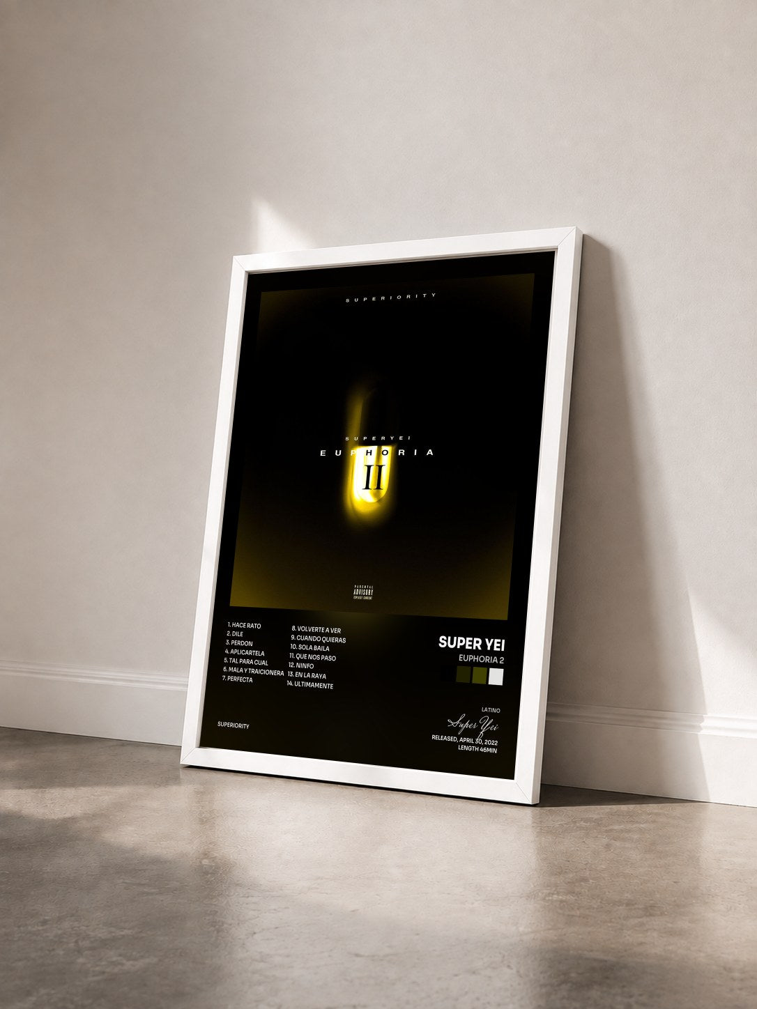 #blanc Tableau de l'album Euphoria 2 de Super Yei vu de trois quarts, cadre blanc