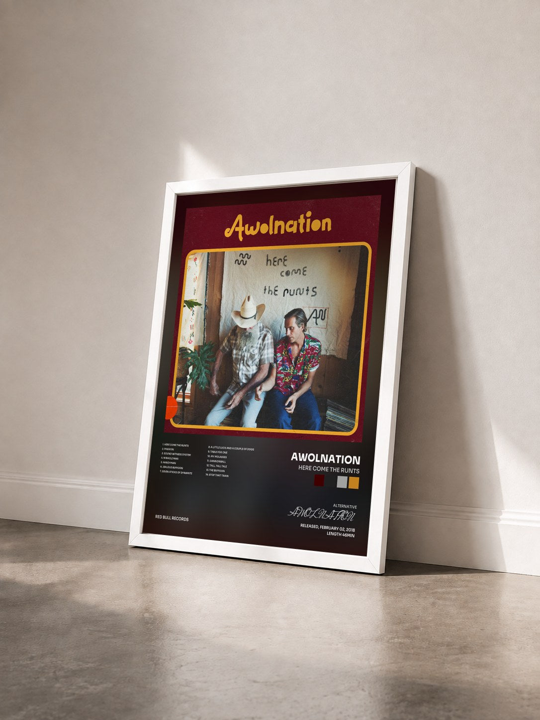 #blanc Tableau de l'album Here Come the Runts de AWOLNATION vu de trois quarts, cadre blanc