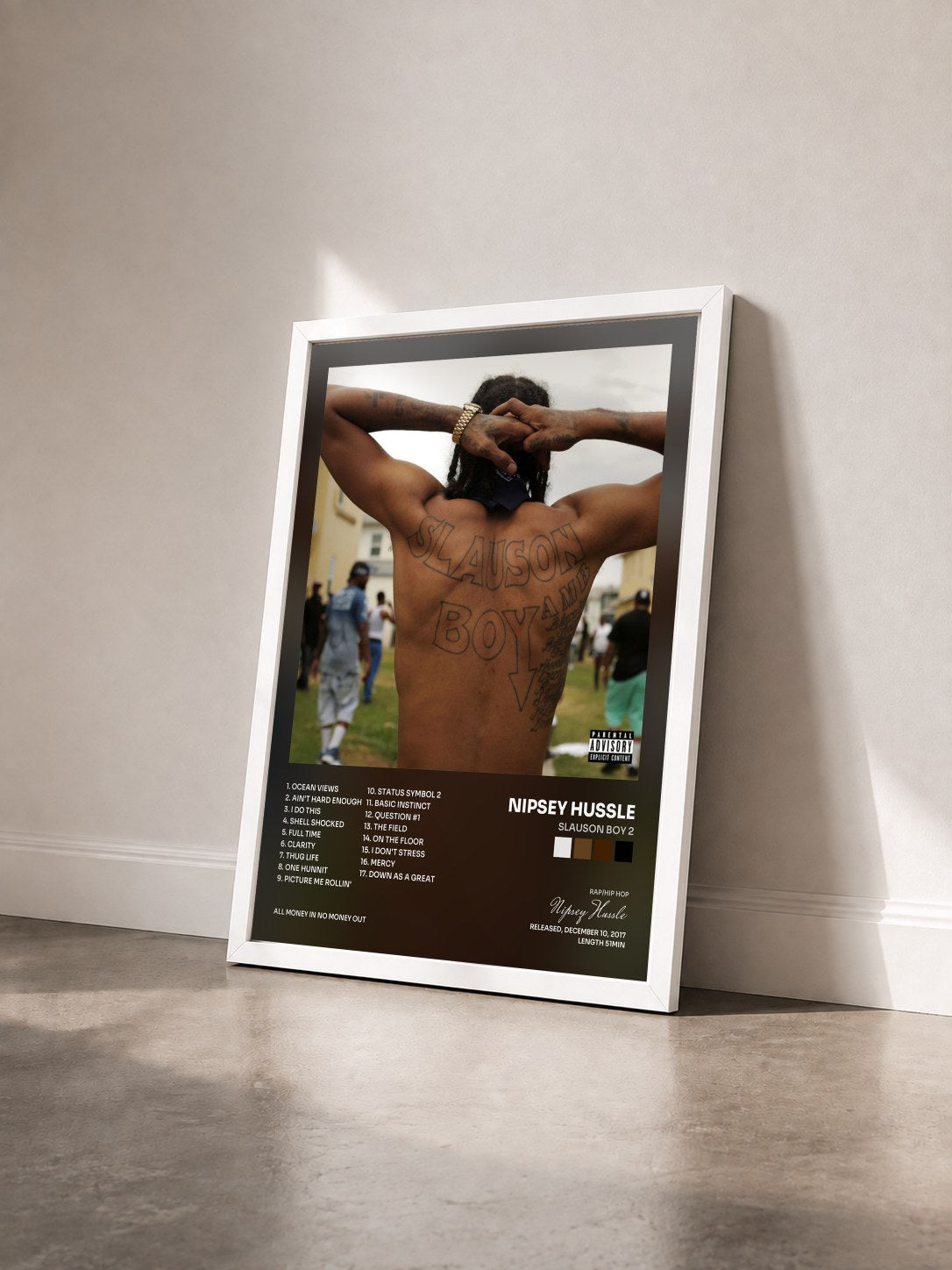 #blanc Tableau de l'album Slauson Boy 2 de Nipsey Hussle vu de trois quarts, cadre blanc