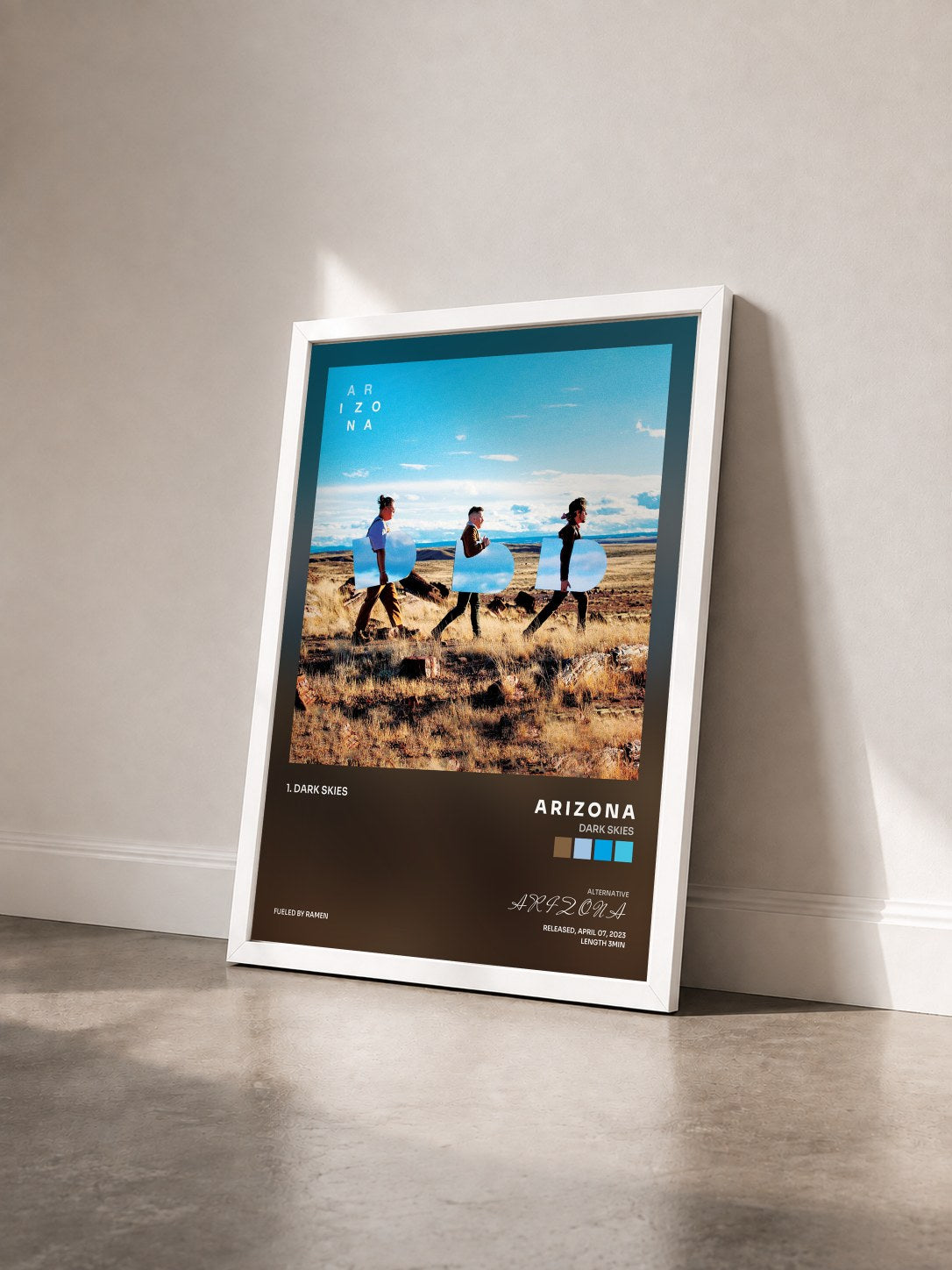#blanc Tableau de l'album Dark Skies de A R I Z O N A vu de trois quarts, cadre blanc