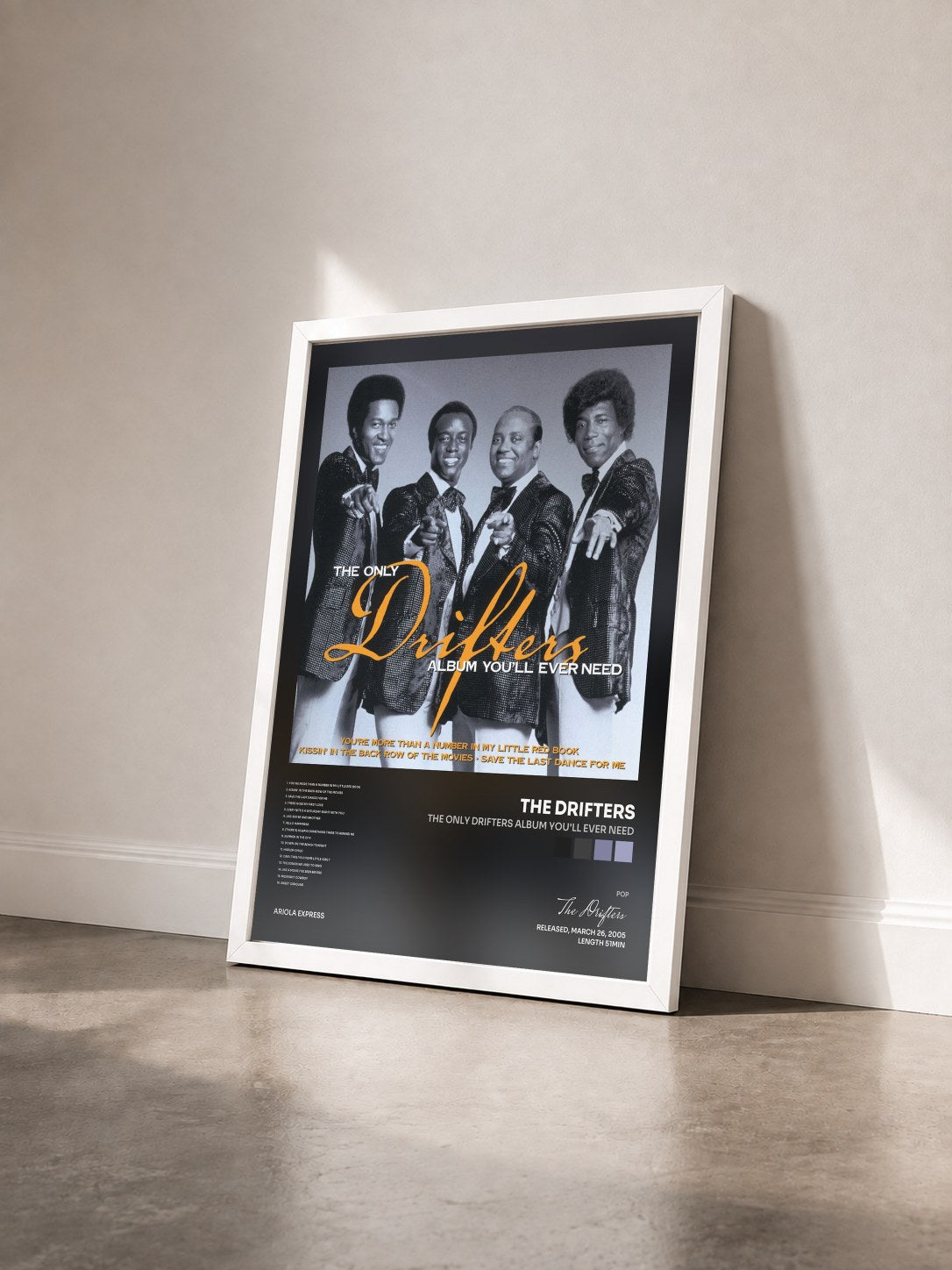 #blanc Tableau de l'album The Only Drifters Album You'll Ever Need de The Drifters vu de trois quarts, cadre blanc