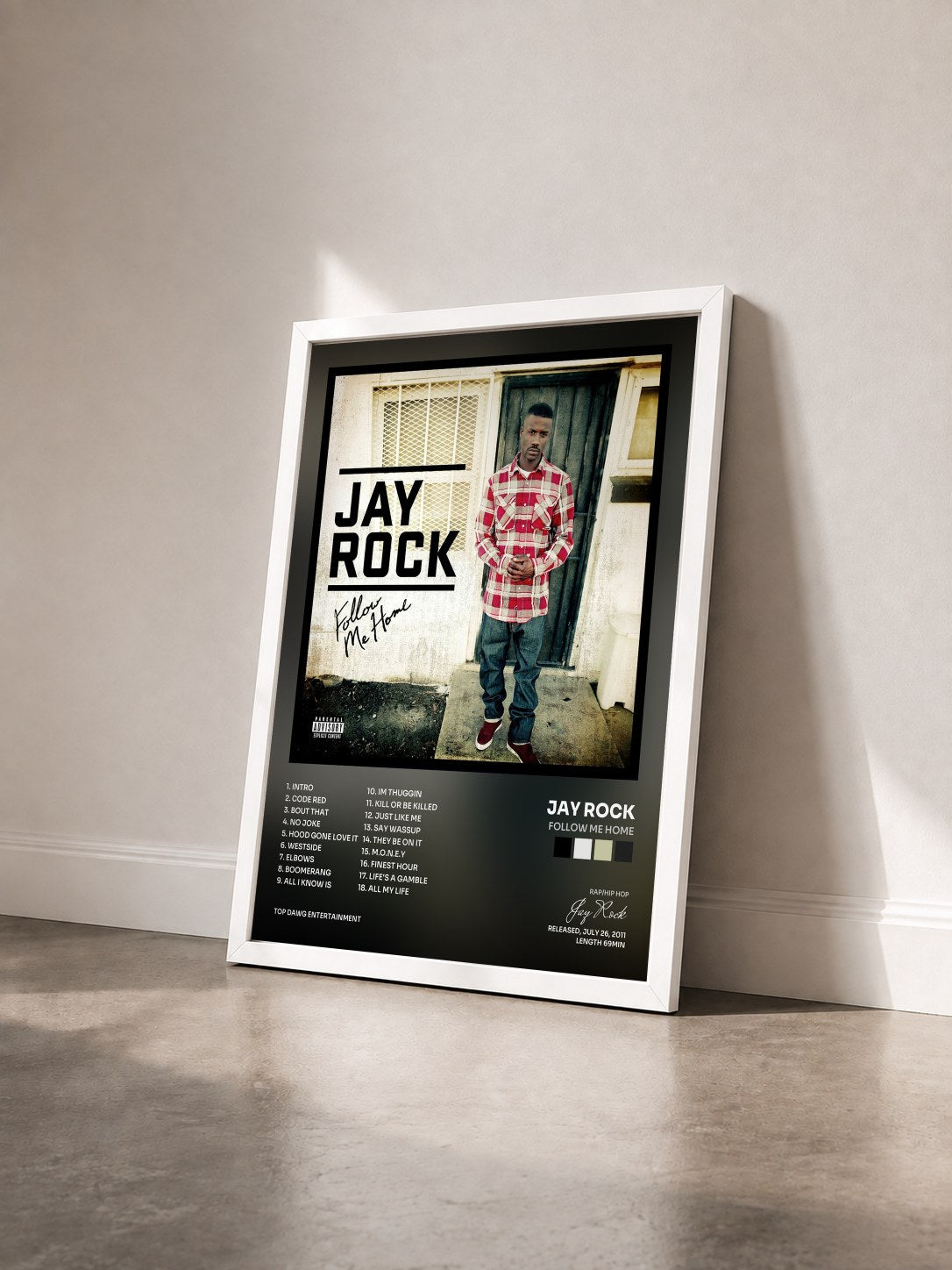 #blanc Tableau de l'album Follow Me Home de Jay Rock vu de trois quarts, cadre blanc