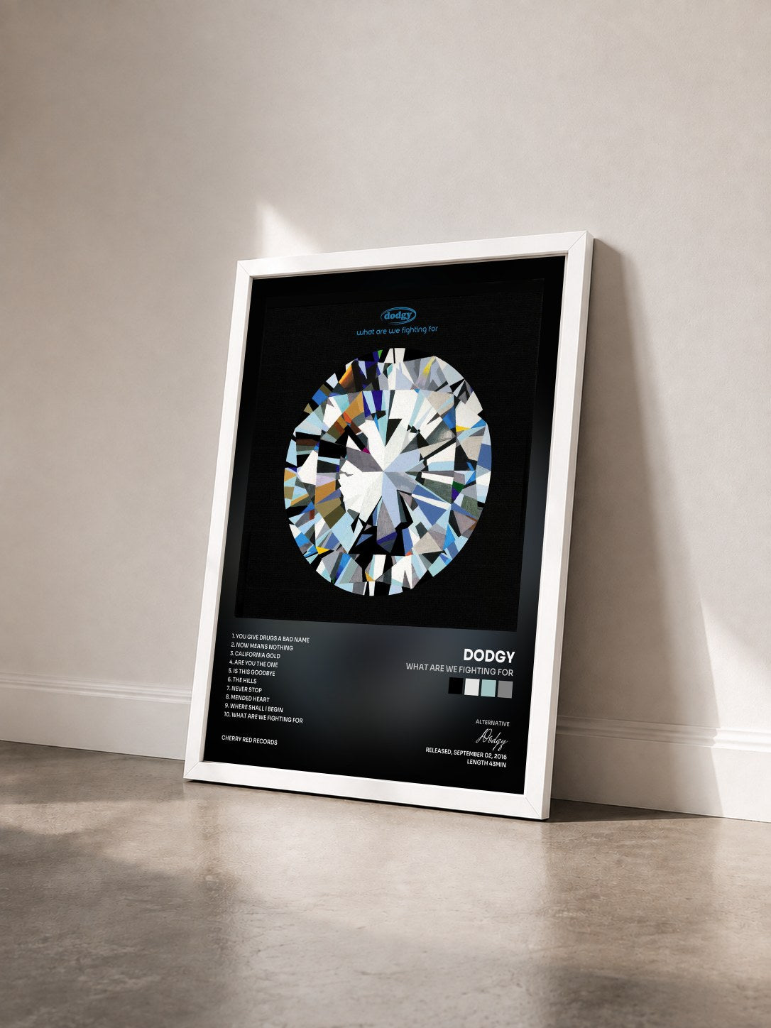 #blanc Tableau de l'album What Are We Fighting For de Dodgy vu de trois quarts, cadre blanc