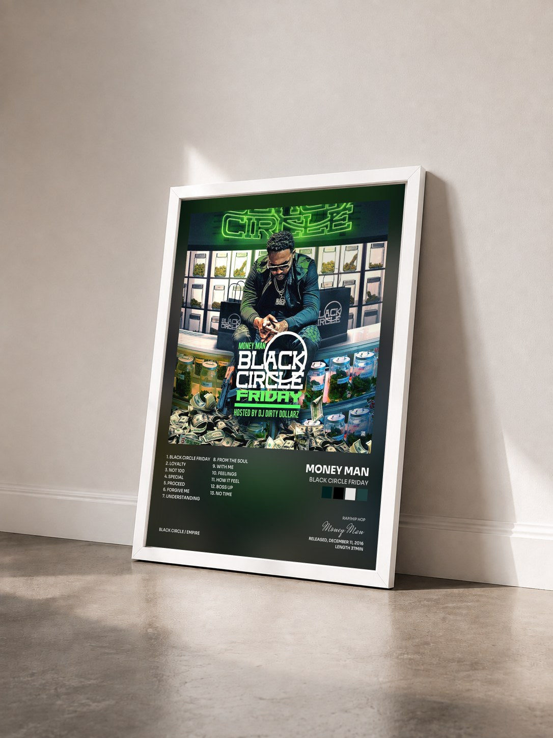 #blanc Tableau de l'album Black Circle Friday de Money Man vu de trois quarts, cadre blanc