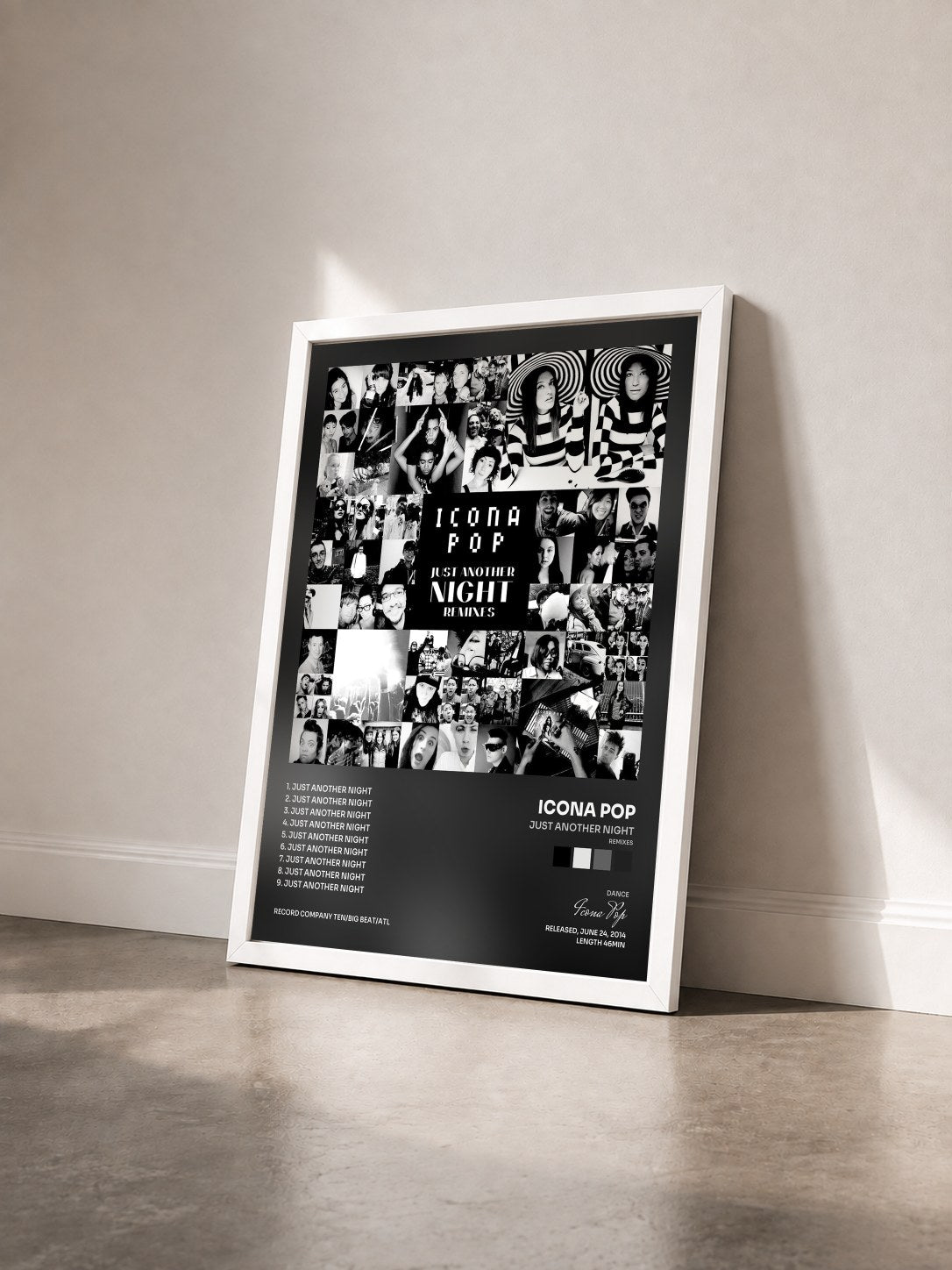 #blanc Tableau de l'album Just Another Night (Remixes) de Icona Pop vu de trois quarts, cadre blanc