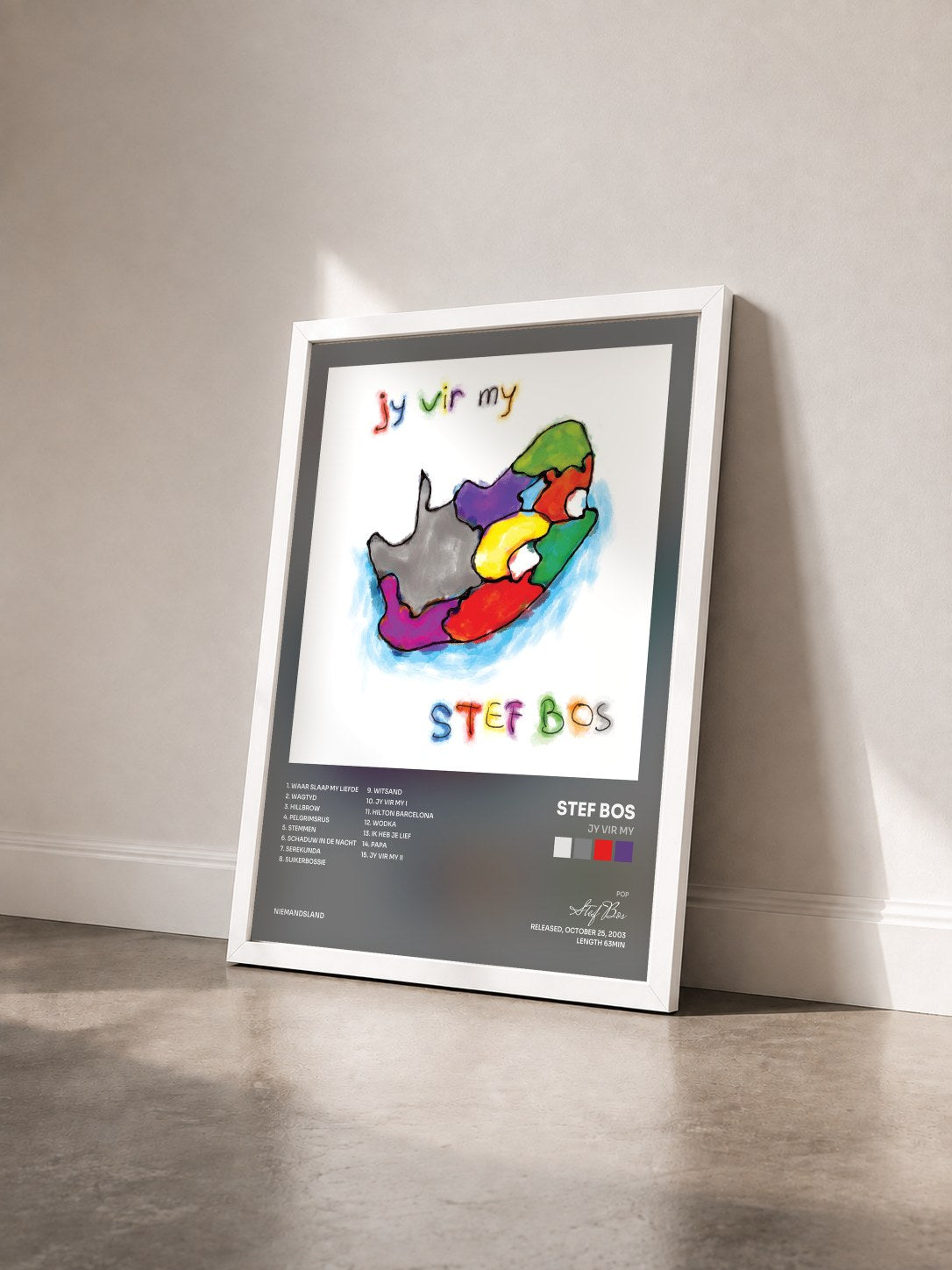 #blanc Tableau de l'album Jy Vir My de Stef Bos vu de trois quarts, cadre blanc