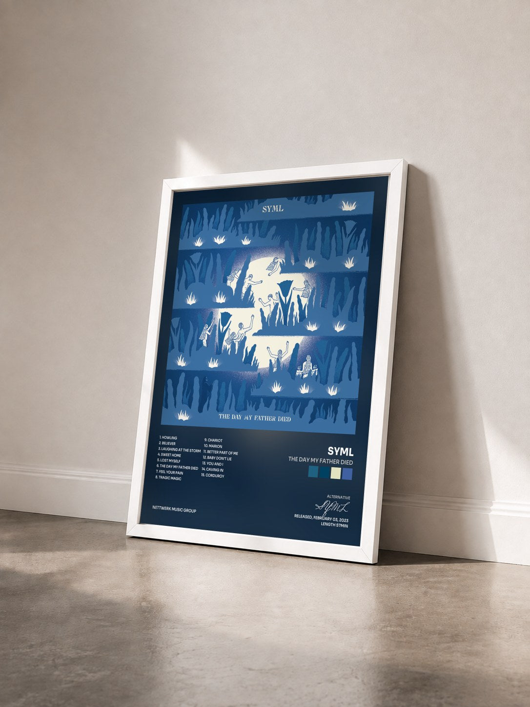 #blanc Tableau de l'album The Day My Father Died de SYML vu de trois quarts, cadre blanc