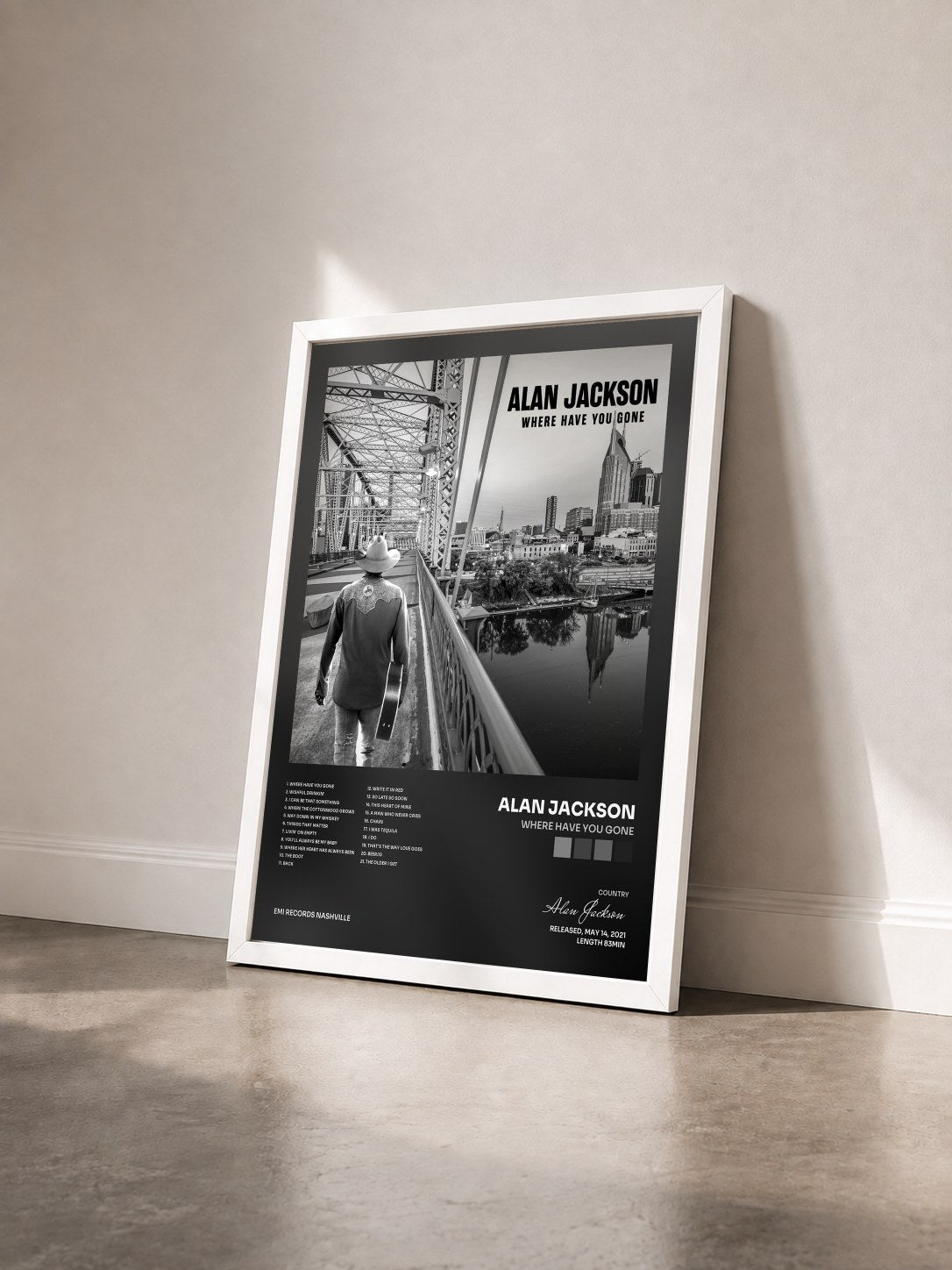 #blanc Tableau de l'album Where Have You Gone de Alan Jackson vu de trois quarts, cadre blanc