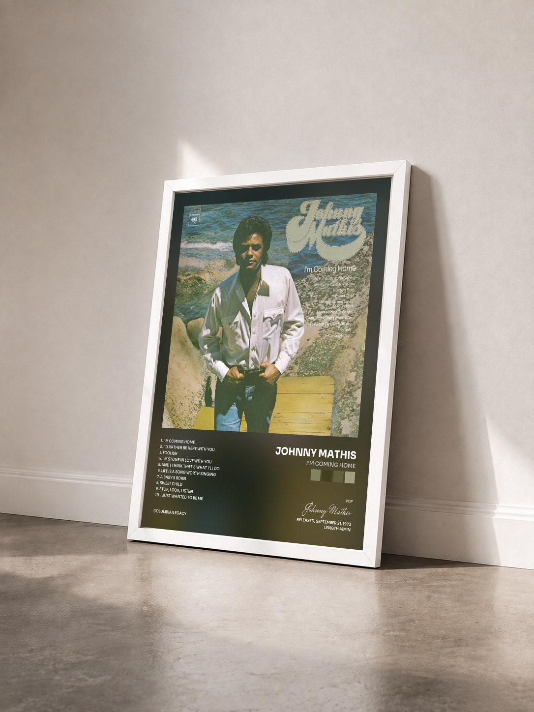 #blanc Tableau de l'album I'm Coming Home de Johnny Mathis vu de trois quarts, cadre blanc